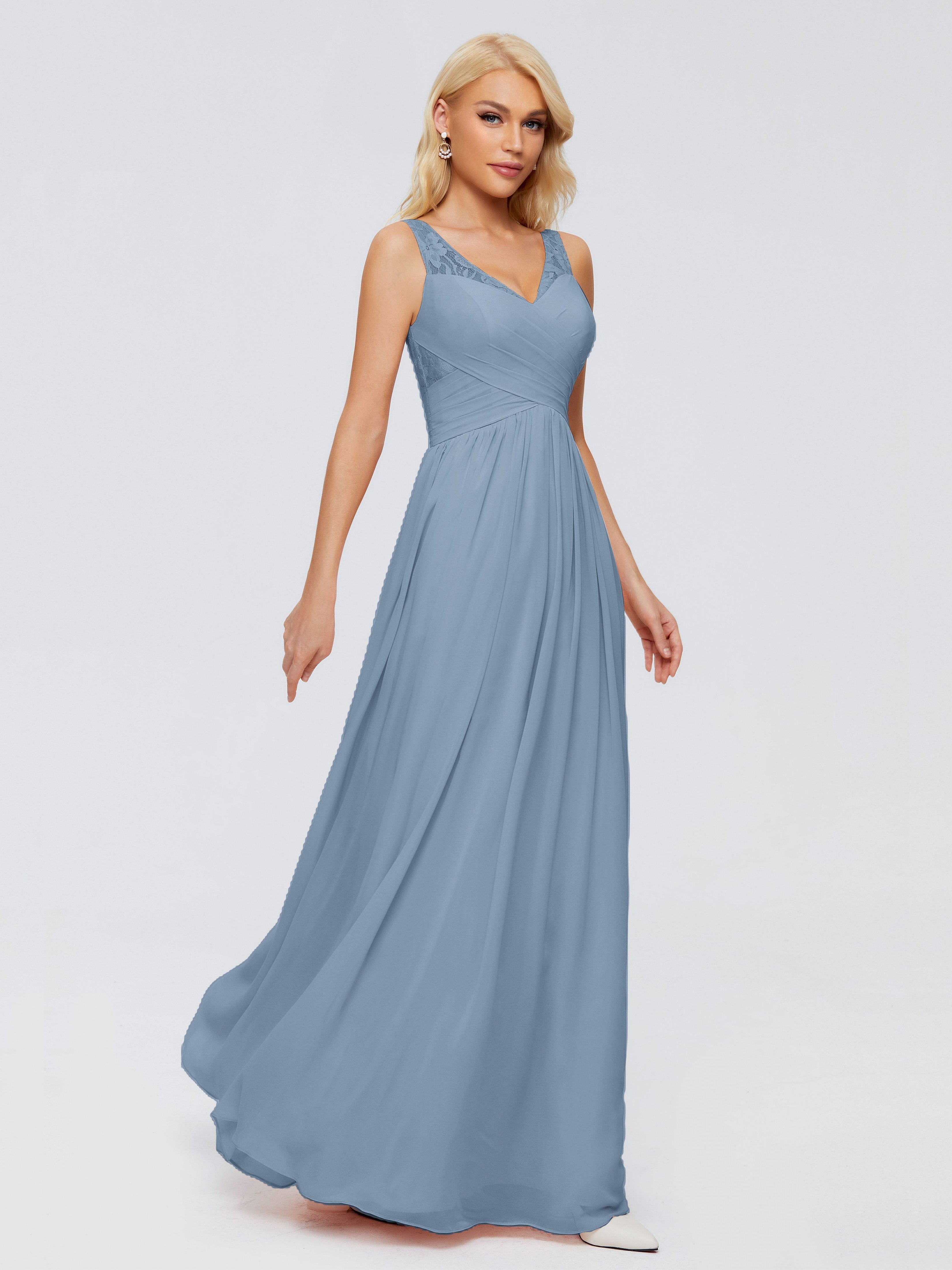 Dusty Slate Blue Bridesmaid Dresses Kayla Straps Lace Chiffon Bridesma