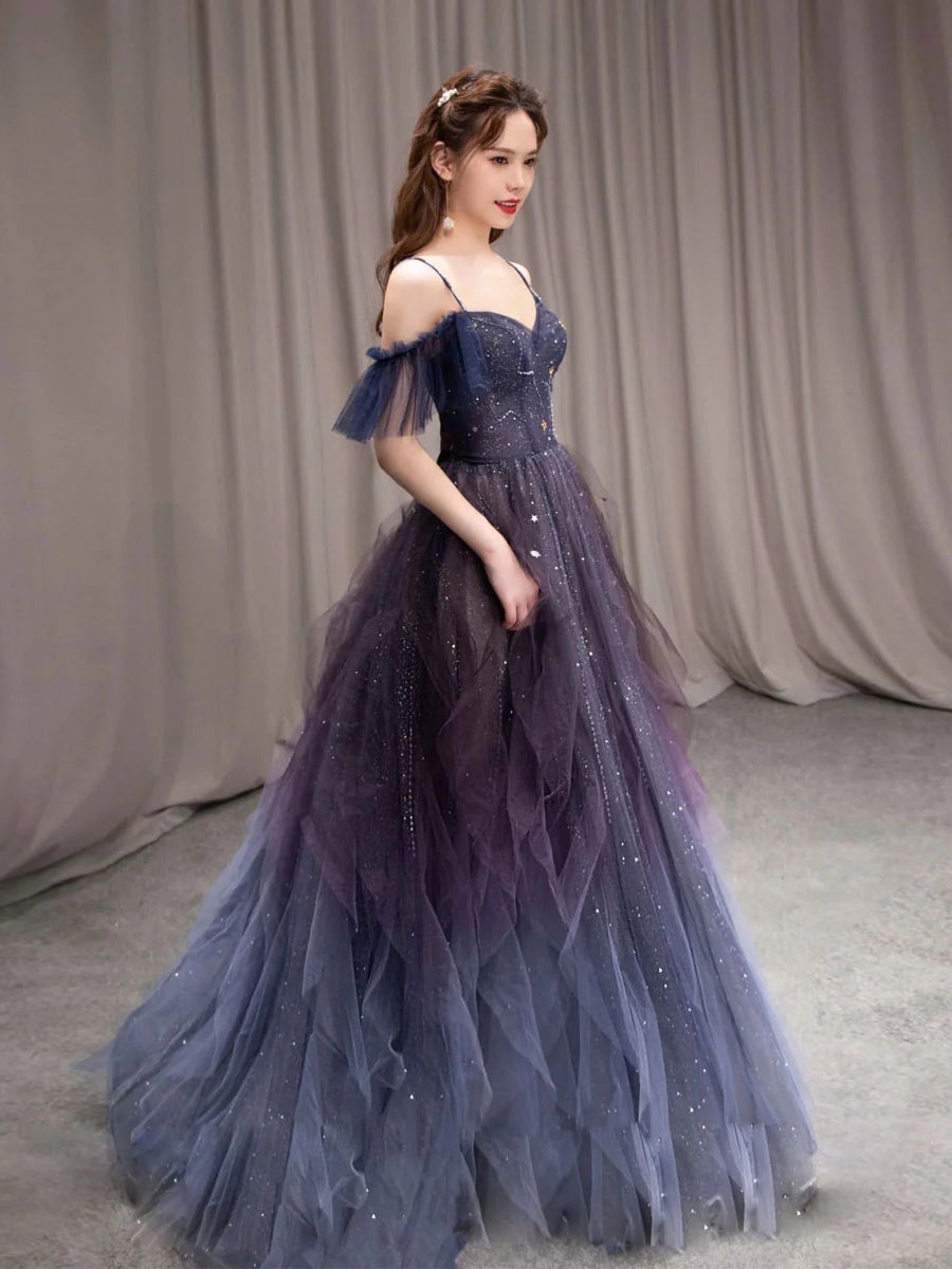 Elegant Off the Shoulder Straps Ombre Purple Tulle Long Prom Dresses