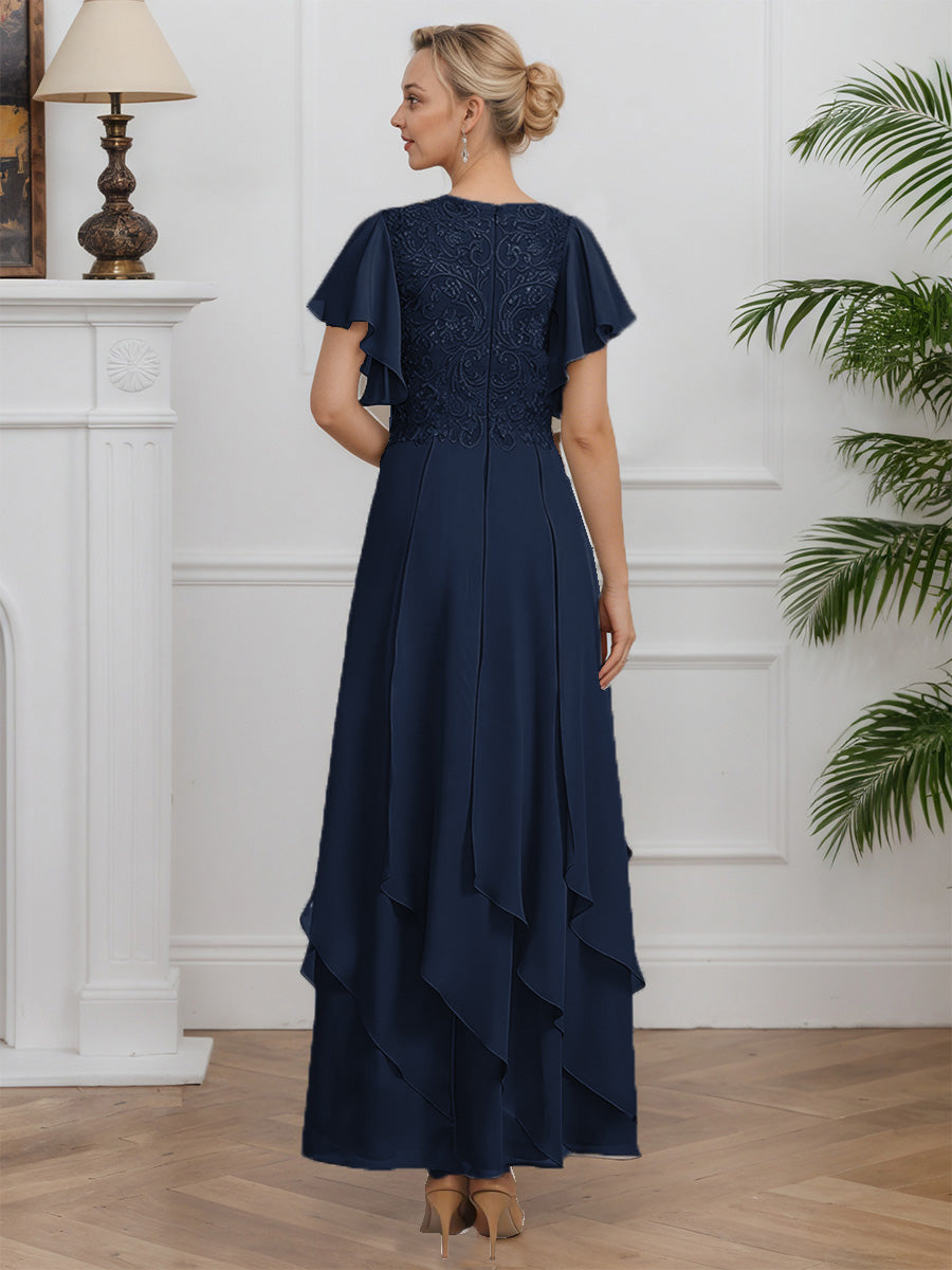 Cicinia Dark Navy Mother Of The Bride Dresses Chiffon A-Line V-Neck Flutter Sleeves Floor Length