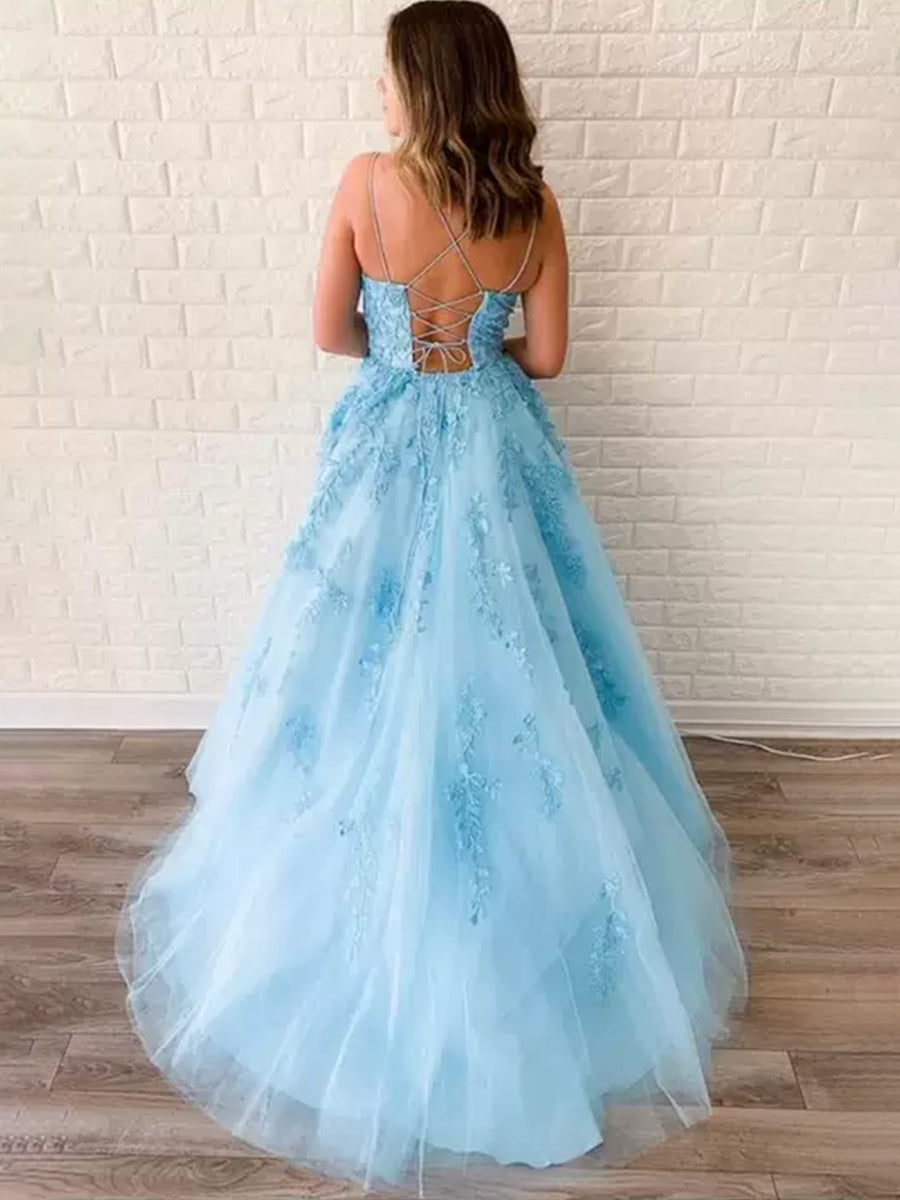 Daffodil Yellow Prom Dress Elegant Spaghetti Straps A-line Lace Appliques Tulle Prom Dress