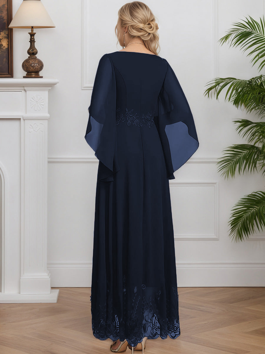 Cicinia Dark Navy Mother Of The Bride Dresses Chiffon Lace Round Neckline Long A-Line