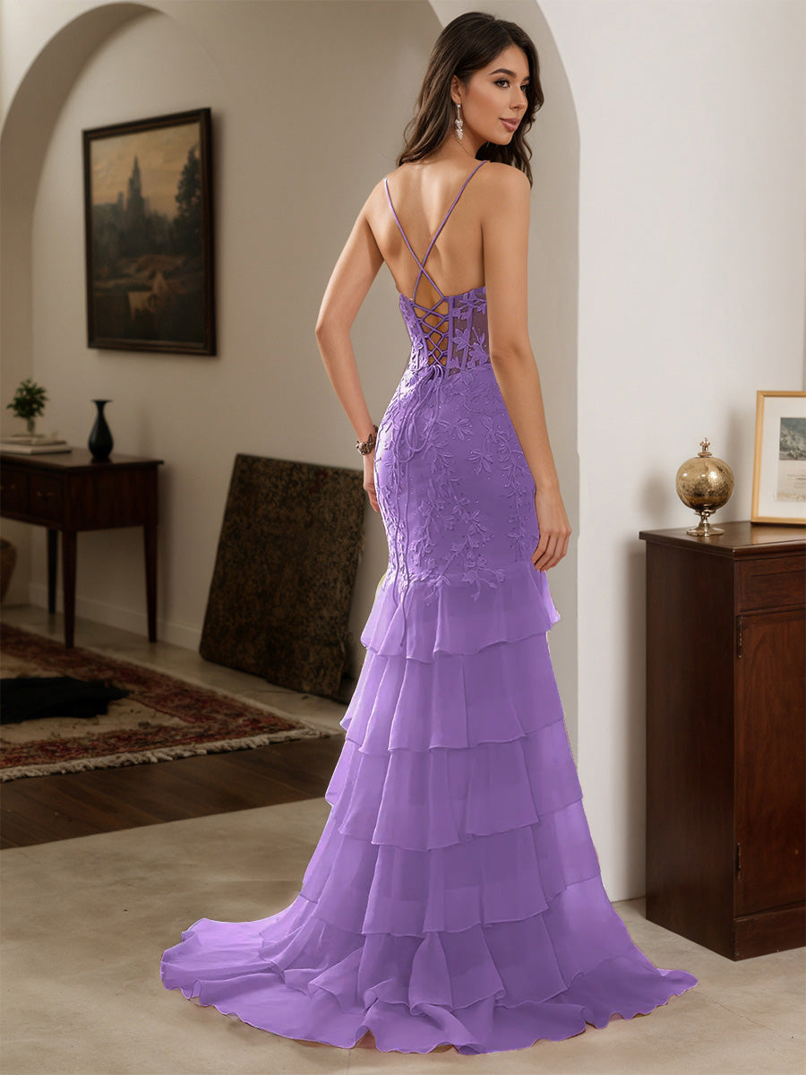 Cicinia Tahiti Prom Dresses Chiffon Appliques Lace Sheath Layers Spaghetti Straps Slit Evening Gown