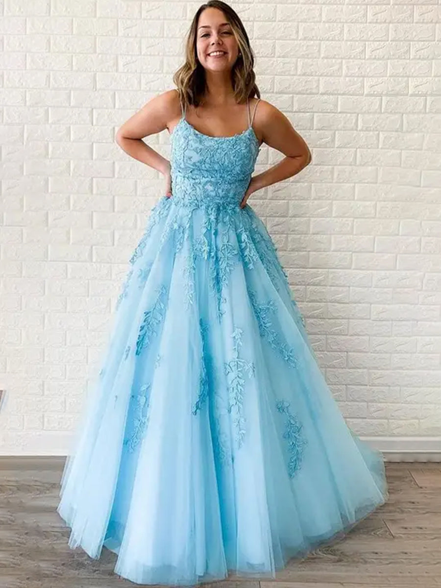 Daffodil Yellow Prom Dress Elegant Spaghetti Straps A-line Lace Appliques Tulle Prom Dress