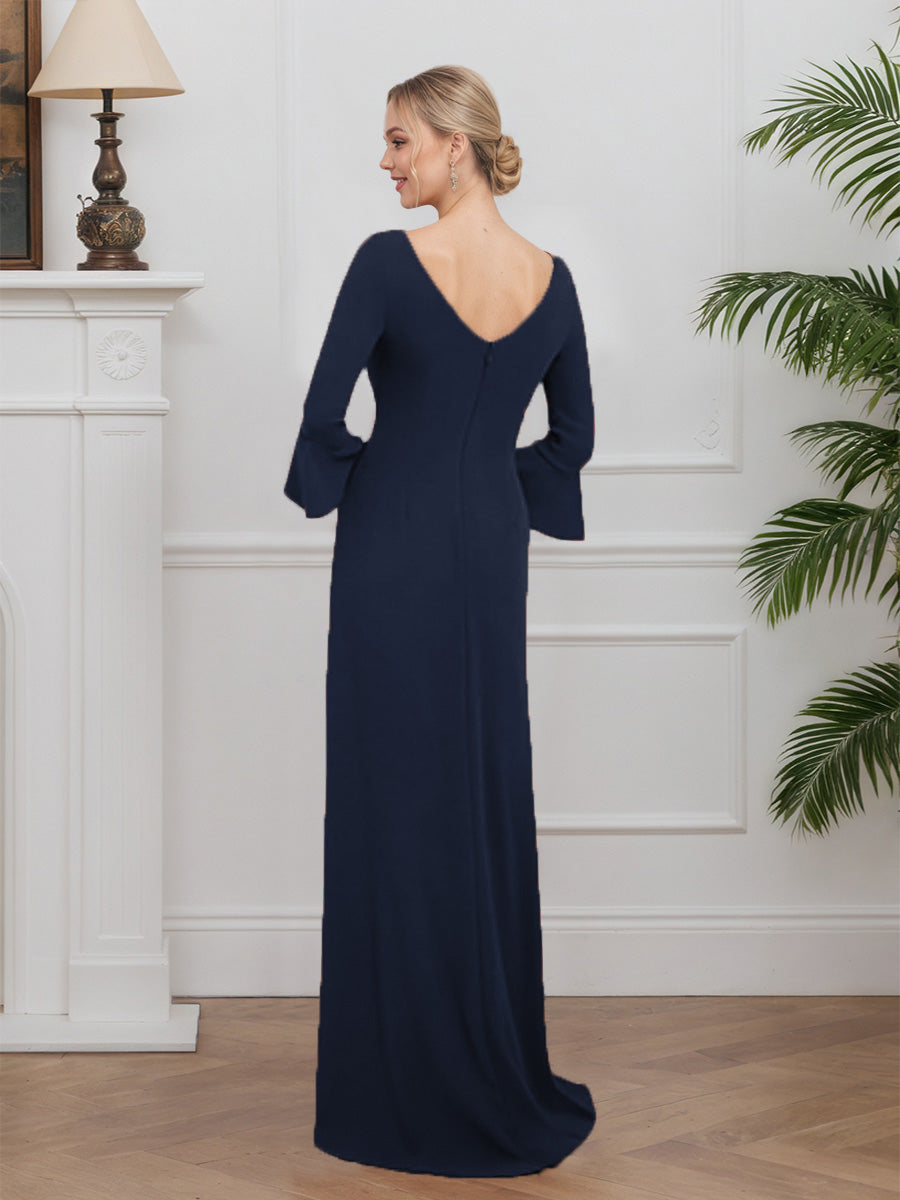 Cicinia Dark Navy Mother Of The Bride Dresses Stretch Fabric Sheath 3/4 Length Sleeves Sweep Train