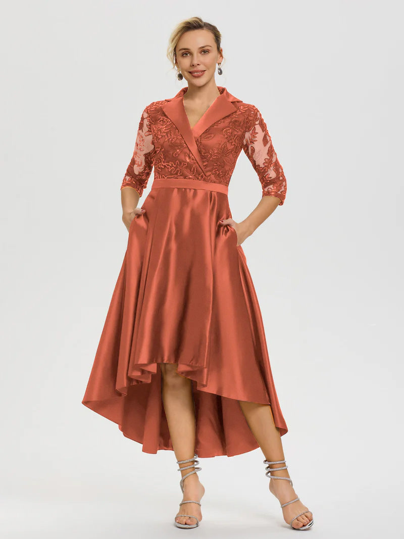 Rust Colored Dresses For Mother Of The Bride Sleeves V-Neck Lace High-