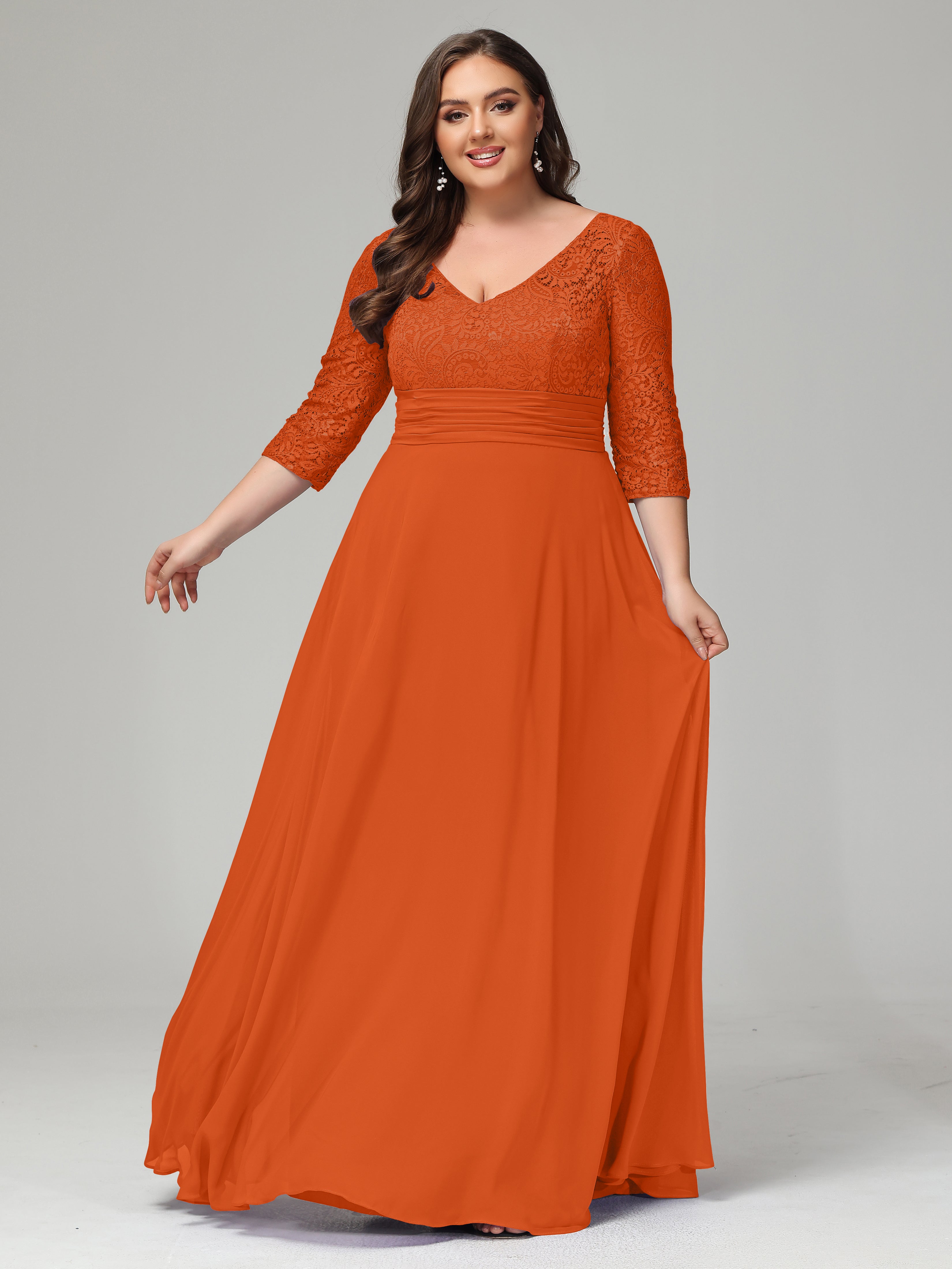 Burnt Orange Bridesmaid Dresses Chiffon Lace Sleeves Floor Length Brid