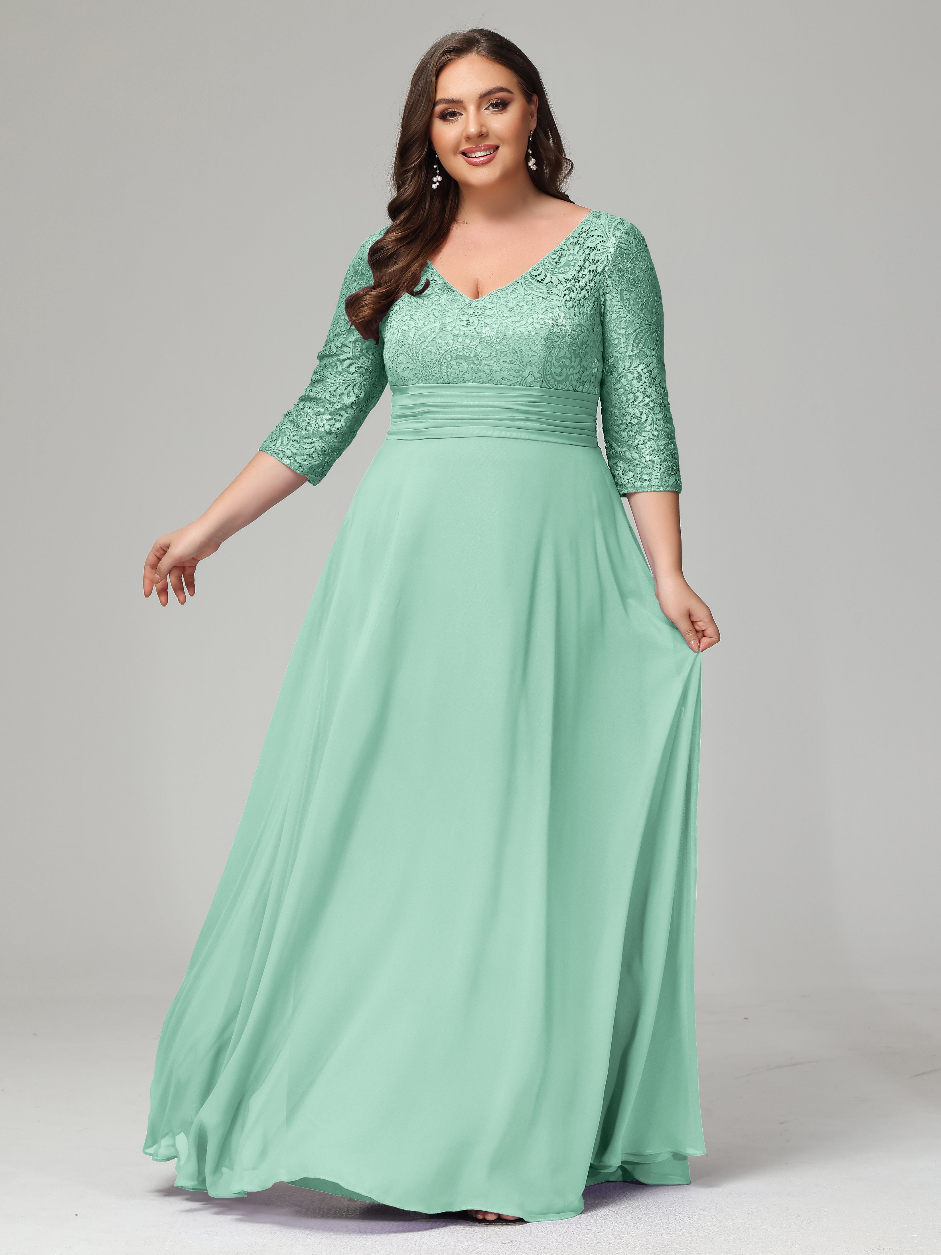 Mint Green Bridesmaid Dress UK Lace Sleeves Floor Length