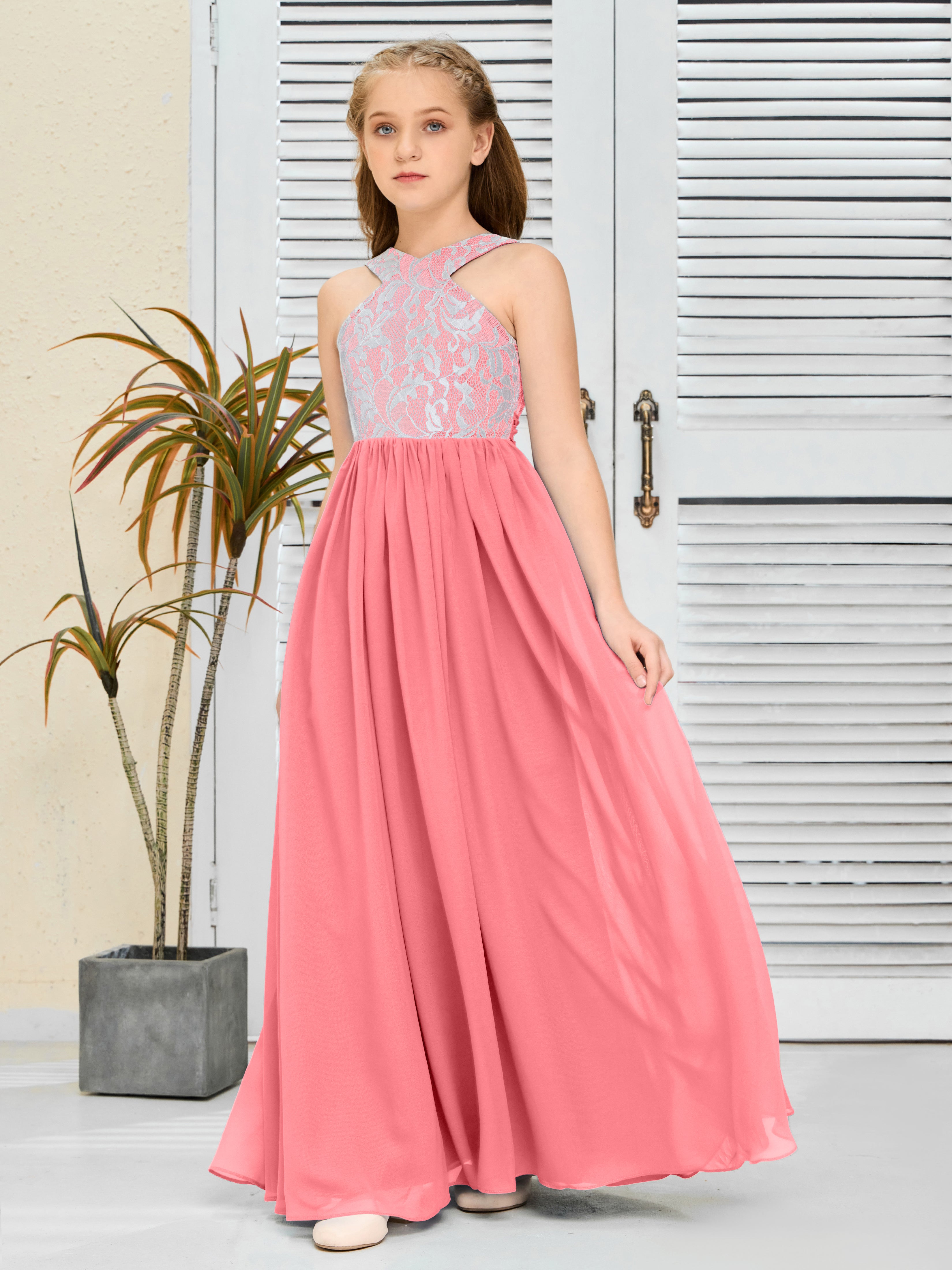 Lace Sleeveless Chiffon Junior Bridesmaid Dress With Belt