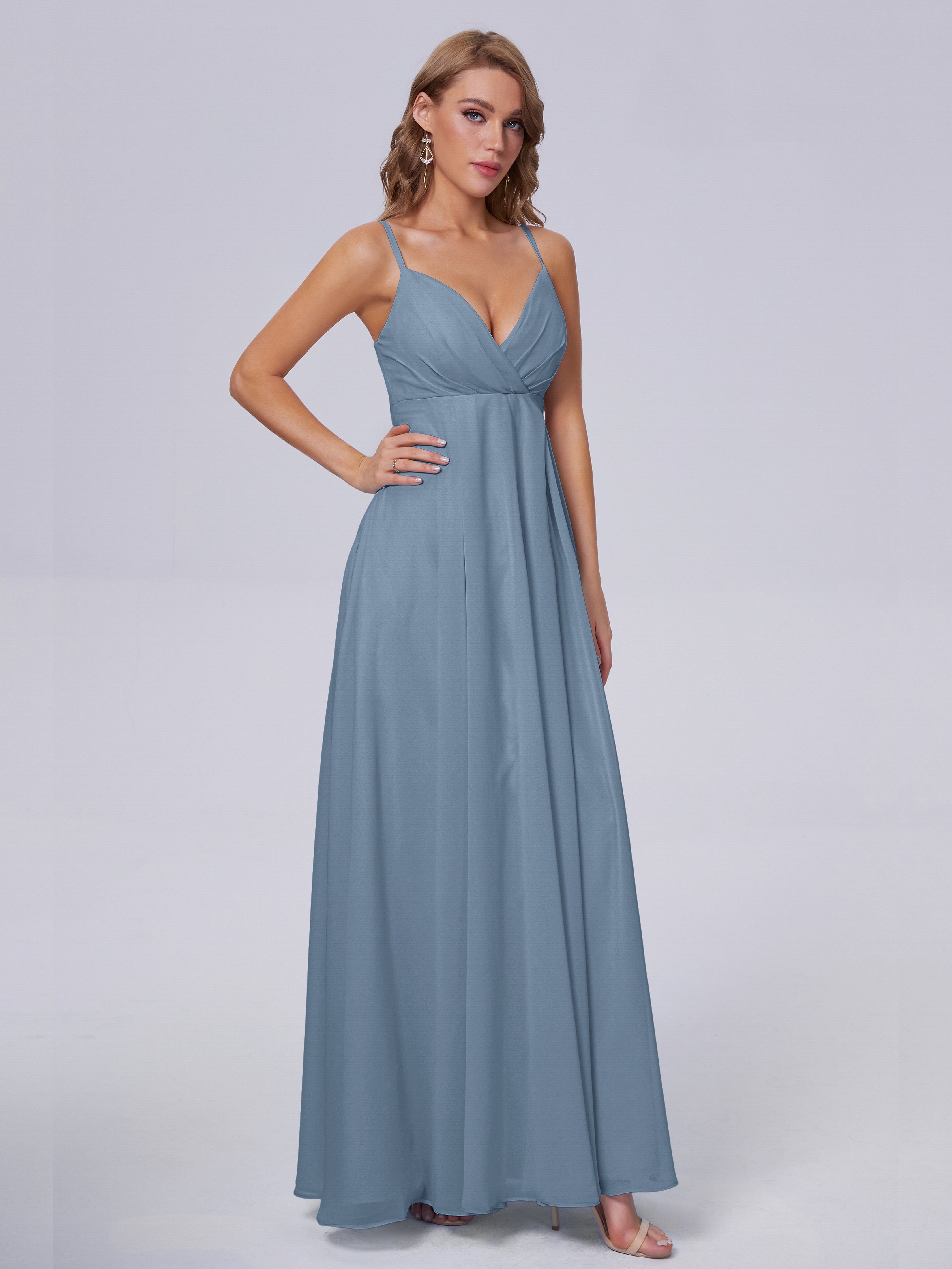 Bridesmaid Slate Blue Dress Laila Classic Spaghetti Straps Chiffon Bri