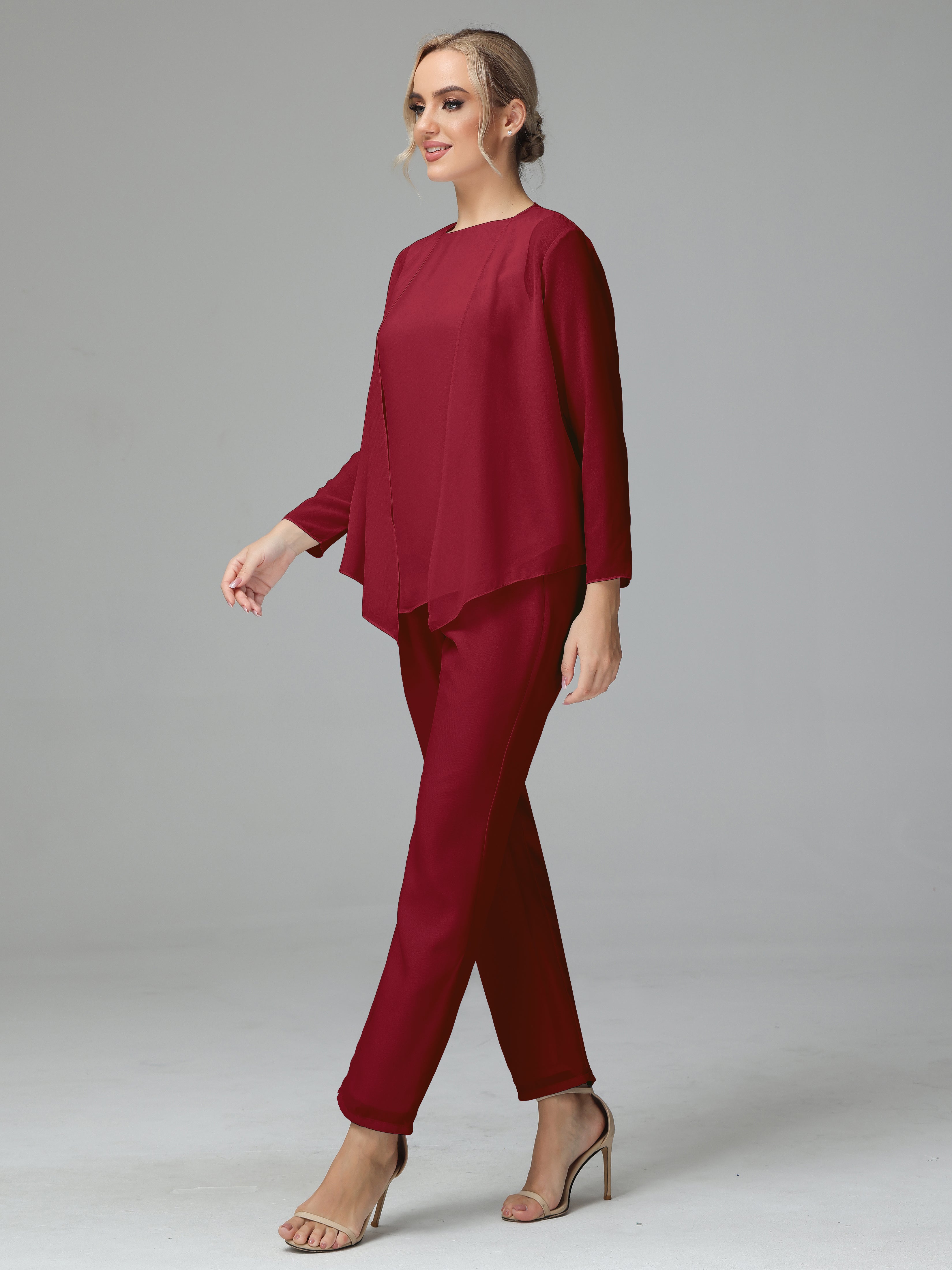 Long Sleeves 3 Pieces Chiffon Mother of Bride Dress Pant Suits