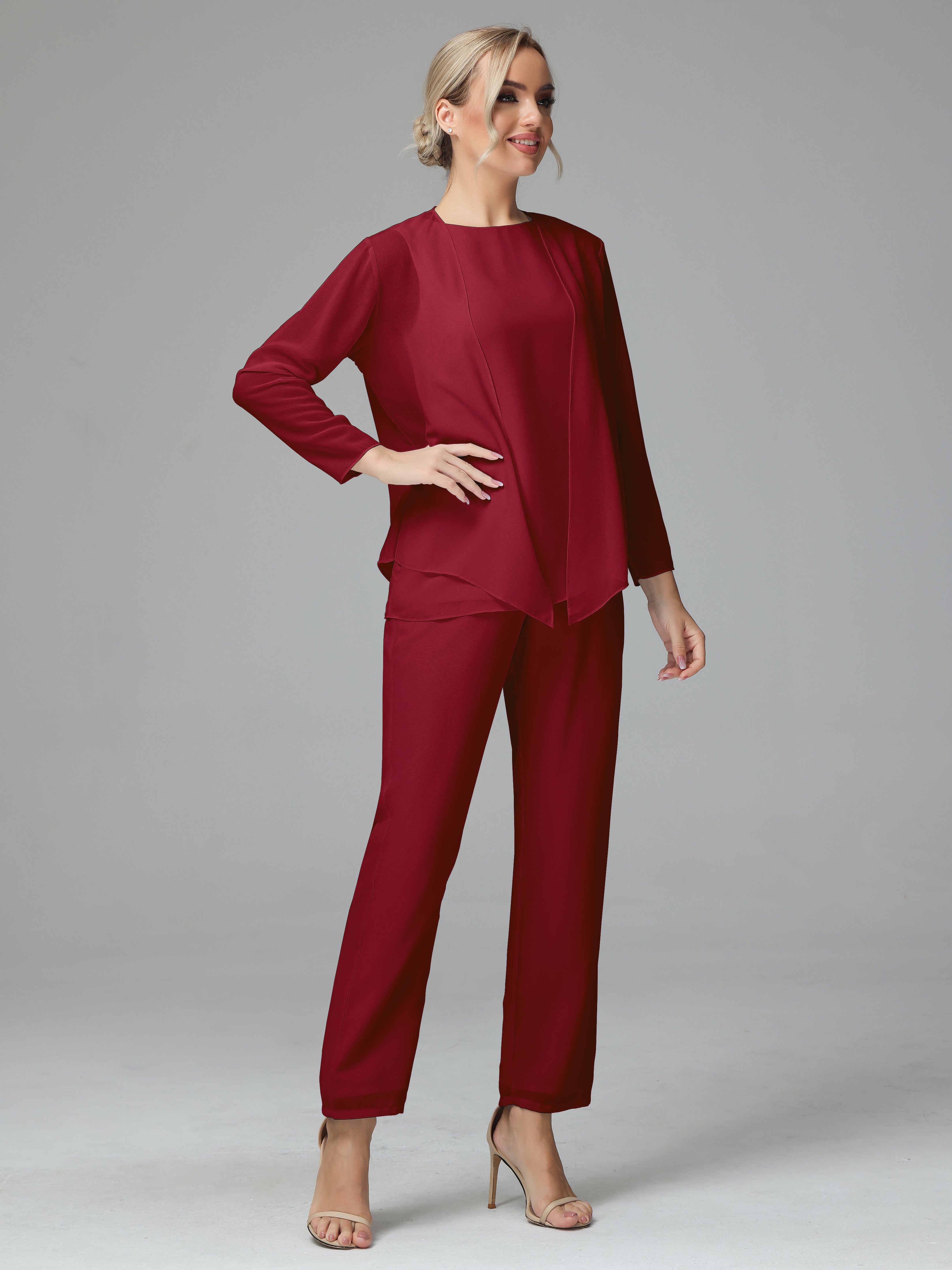Long Sleeves 3 Pieces Chiffon Mother of Bride Dress Pant Suits