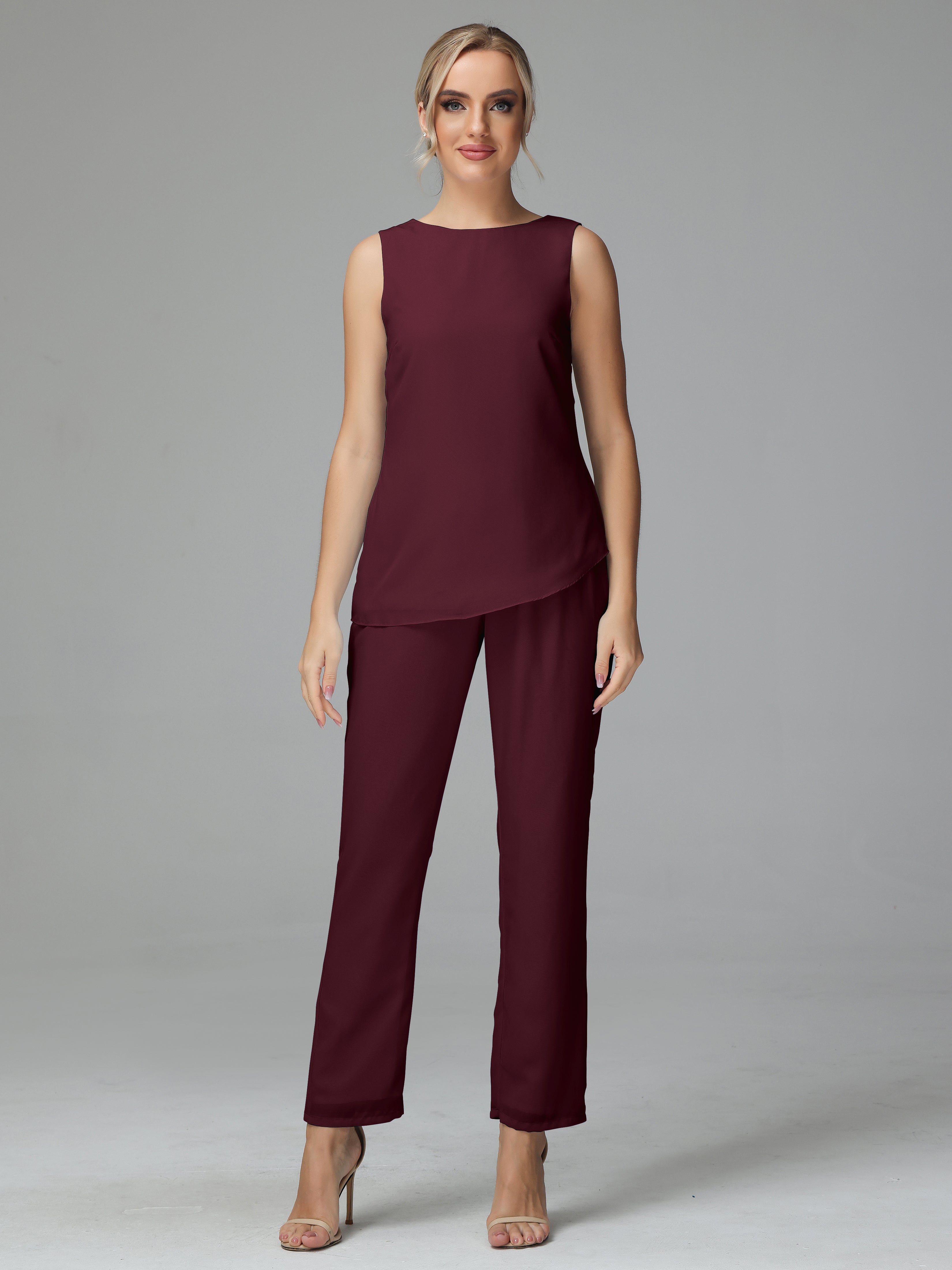 Long Sleeves 3 Pieces Chiffon Mother of Bride Dress Pant Suits