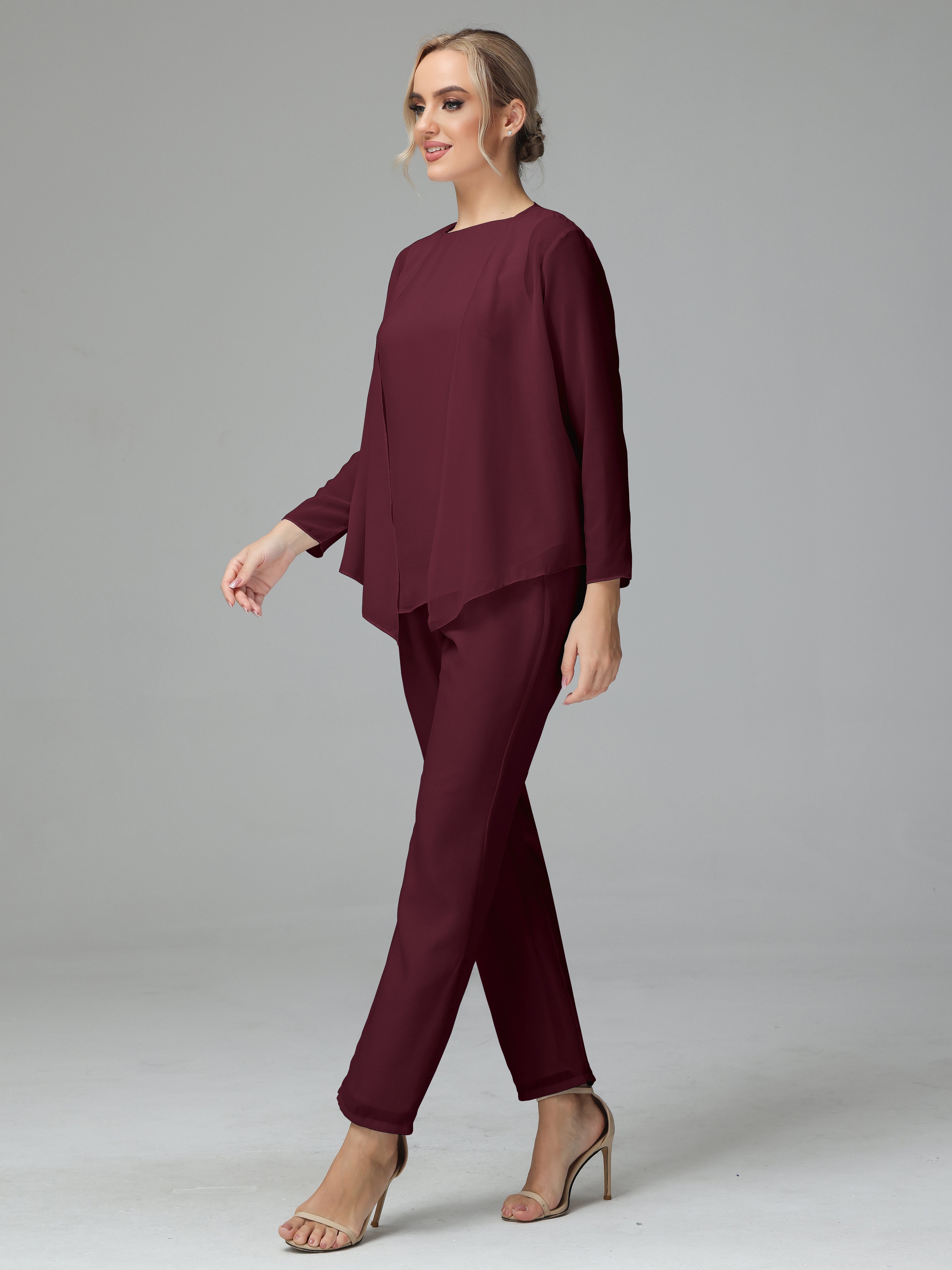Long Sleeves 3 Pieces Chiffon Mother of Bride Dress Pant Suits