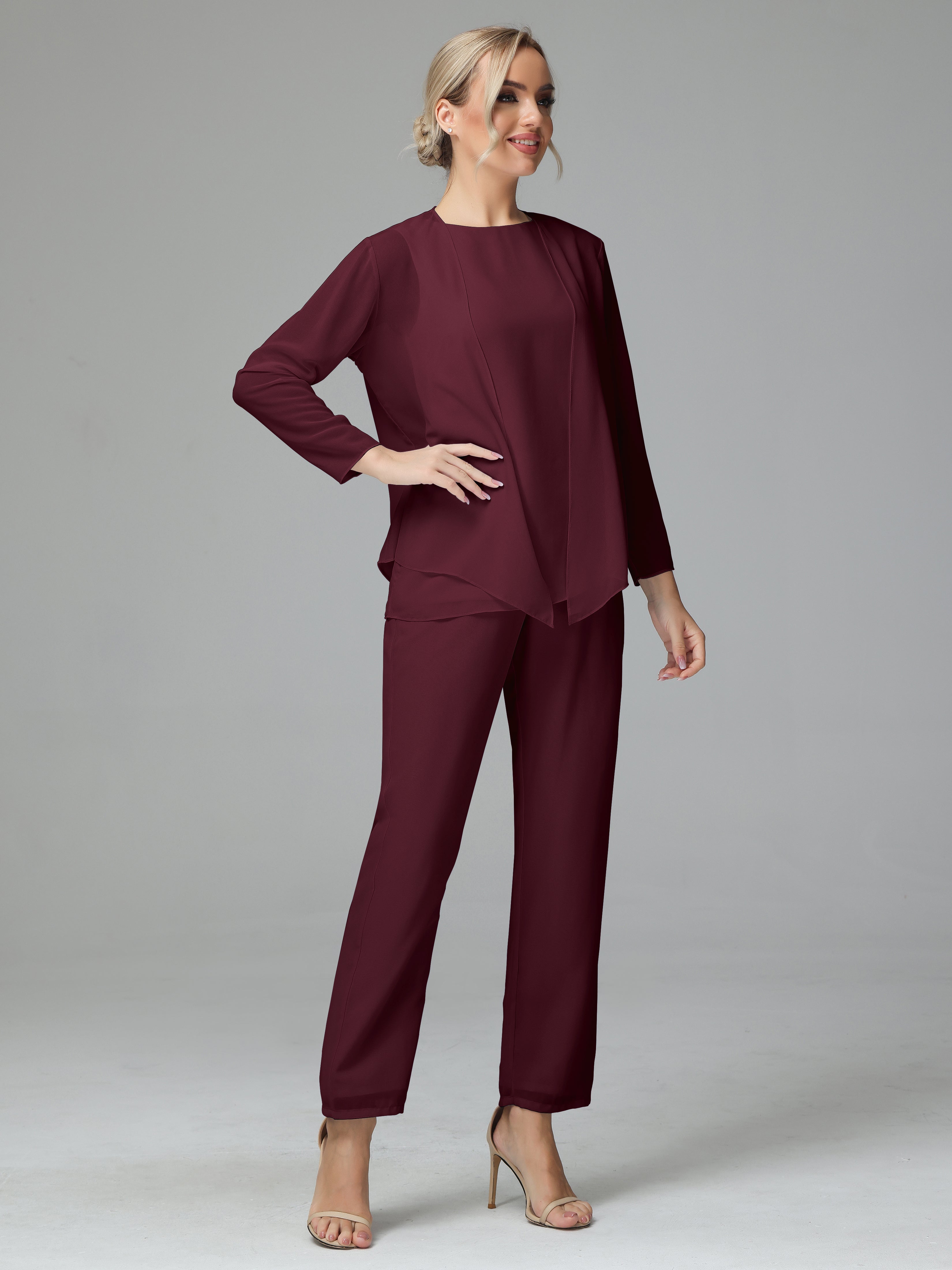 Long Sleeves 3 Pieces Chiffon Mother of Bride Dress Pant Suits