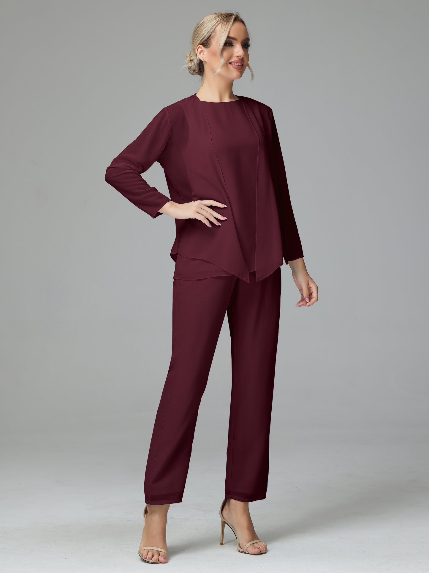 Long Sleeves 3 Pieces Chiffon Mother of Bride Dress Pant Suits