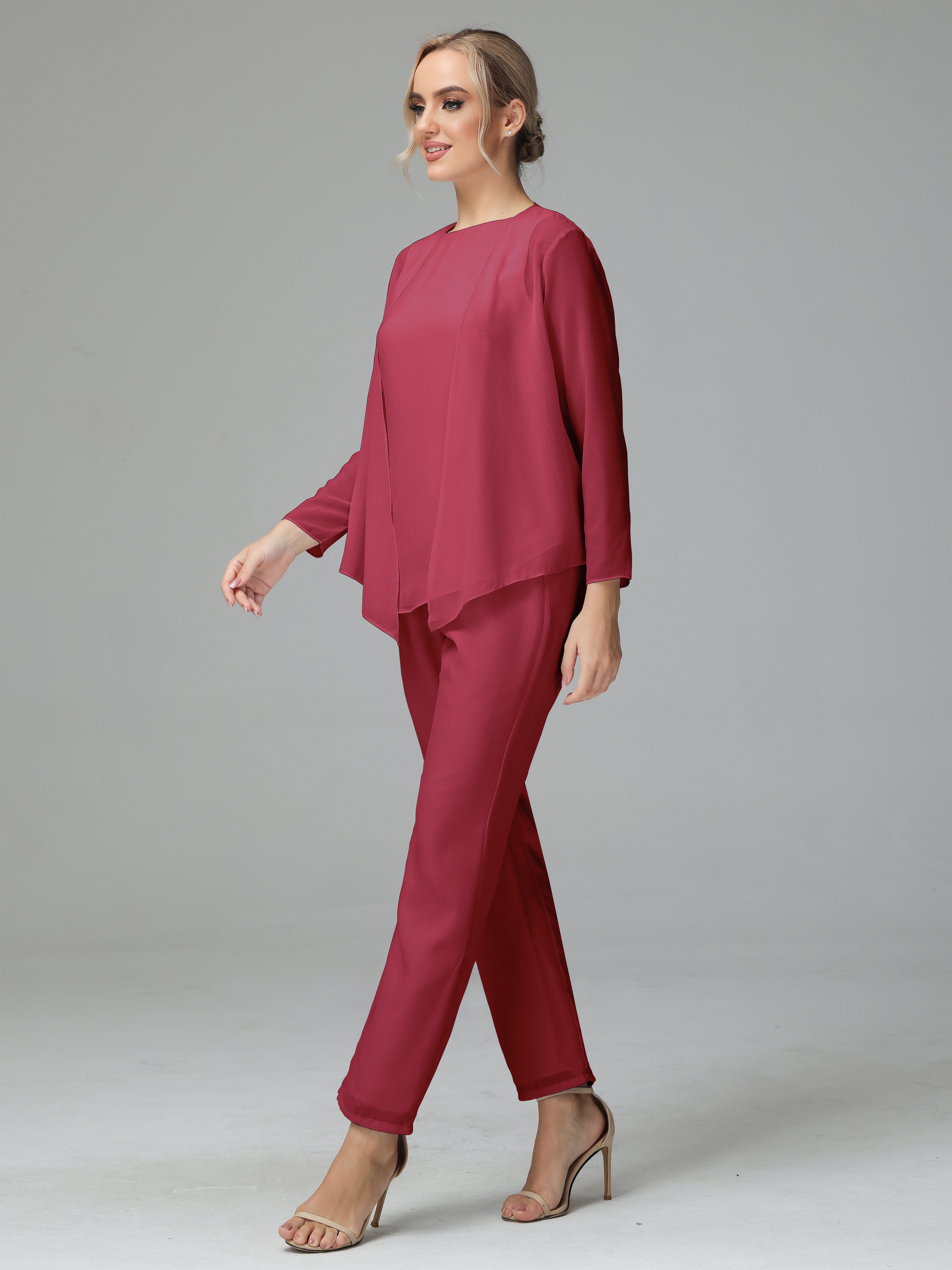 Long Sleeves 3 Pieces Chiffon Mother of Bride Dress Pant Suits