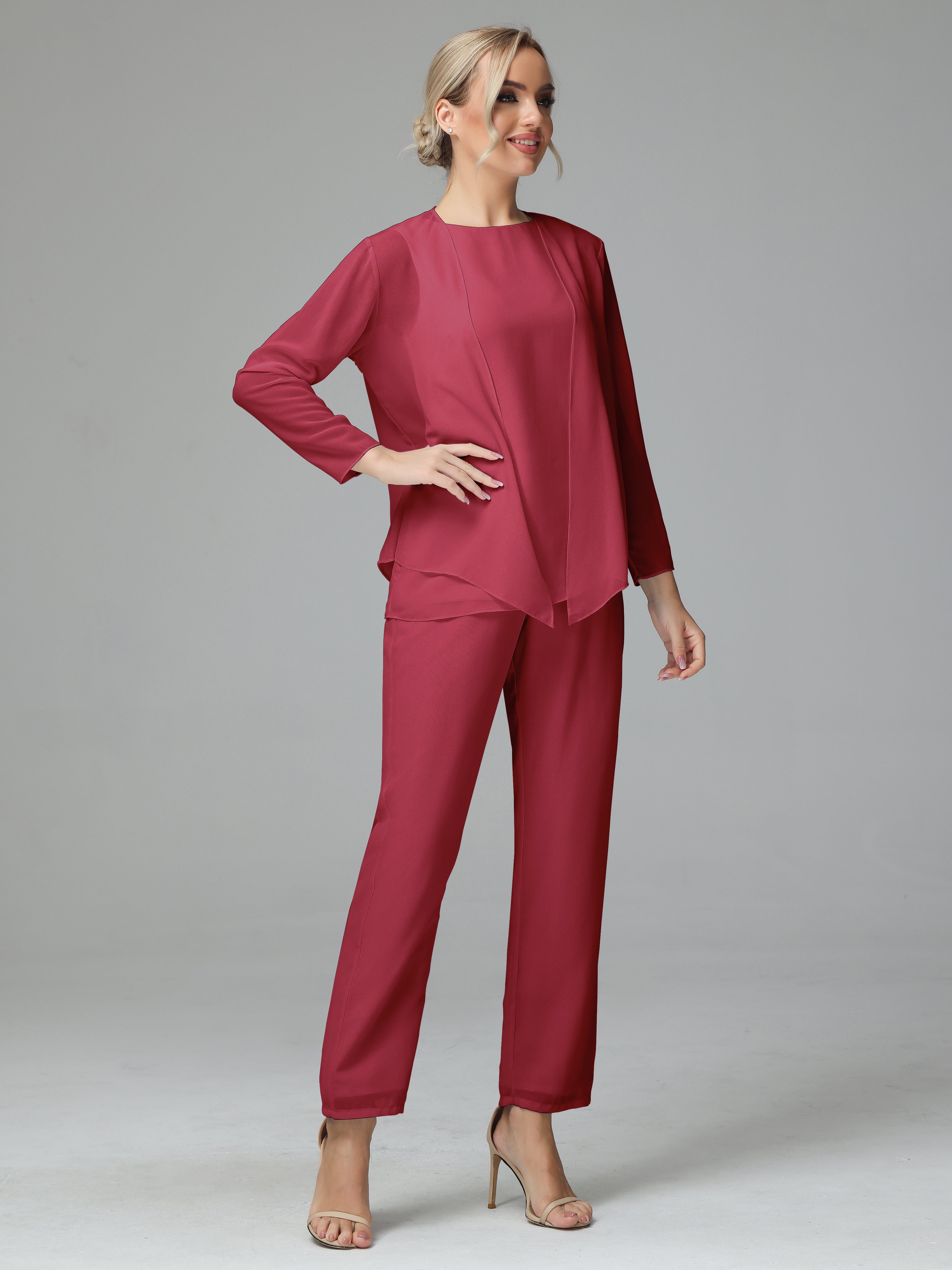 Long Sleeves 3 Pieces Chiffon Mother of Bride Dress Pant Suits