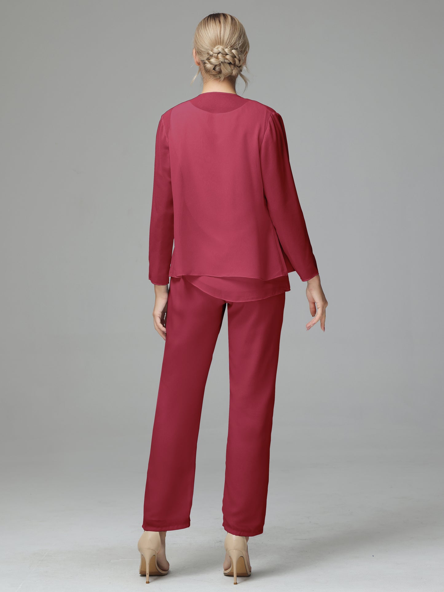Long Sleeves 3 Pieces Chiffon Mother of Bride Dress Pant Suits