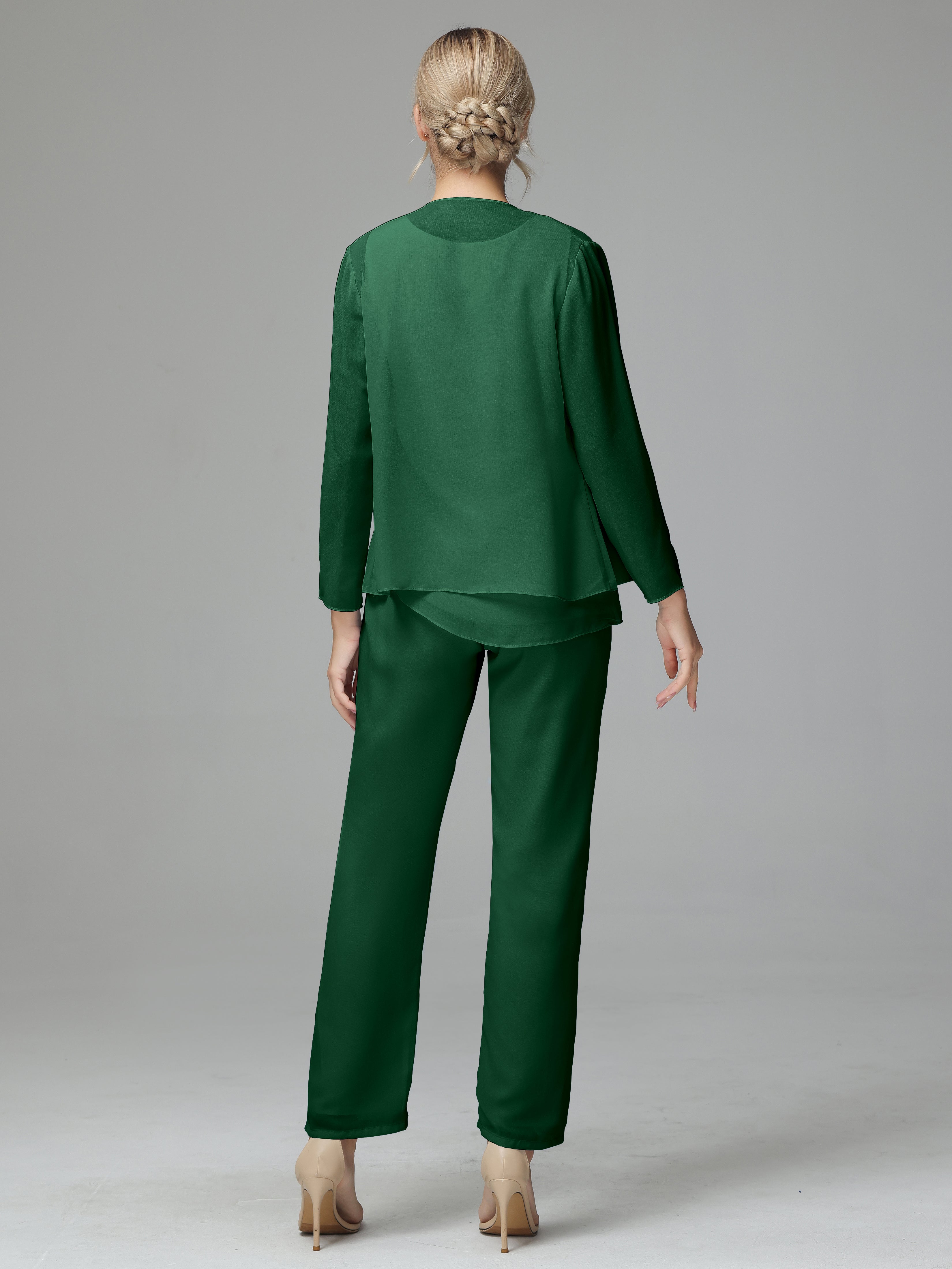 Long Sleeves 3 Pieces Chiffon Mother of Bride Dress Pant Suits