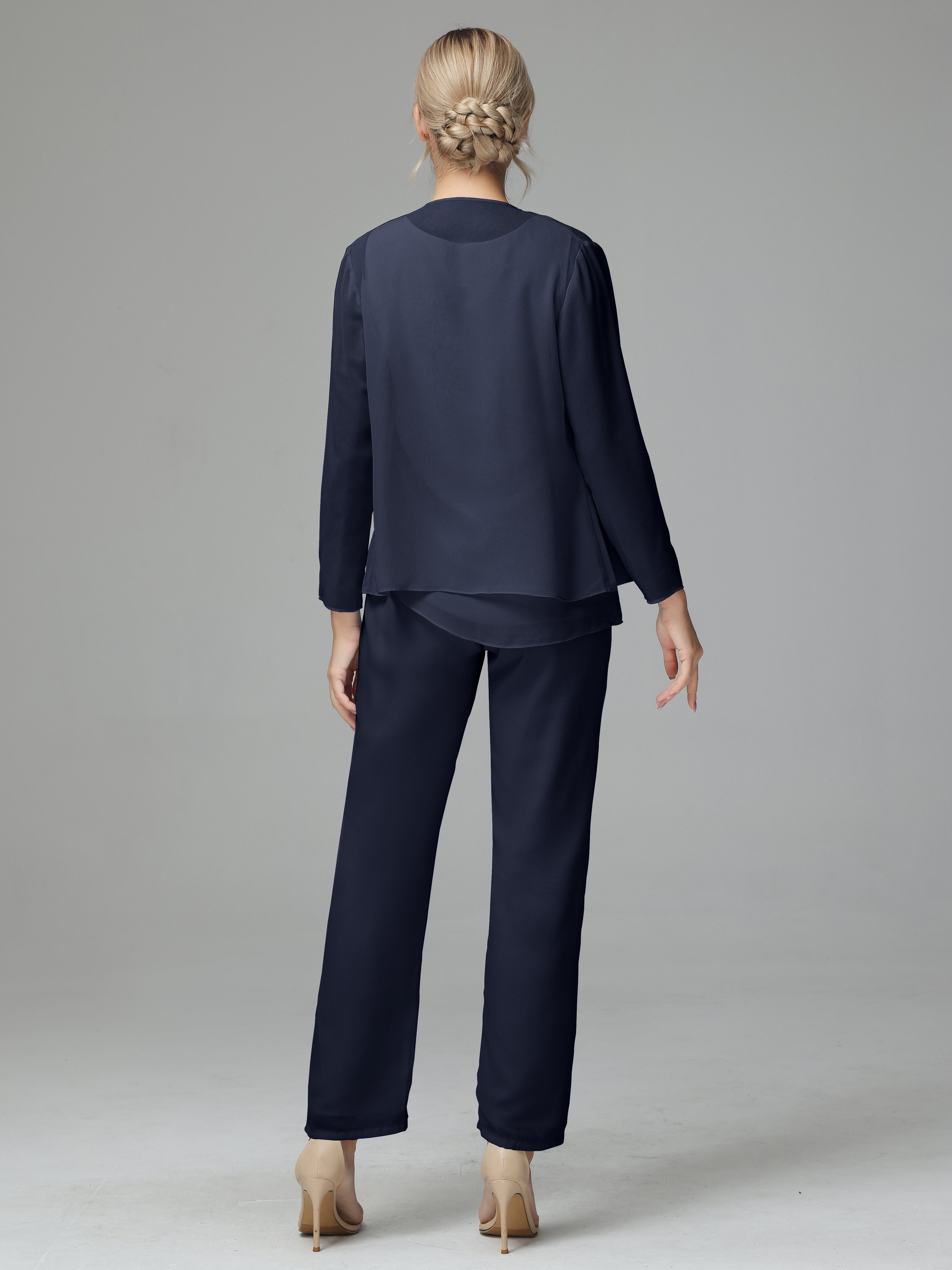 Long Sleeves 3 Pieces Chiffon Mother of Bride Dress Pant Suits