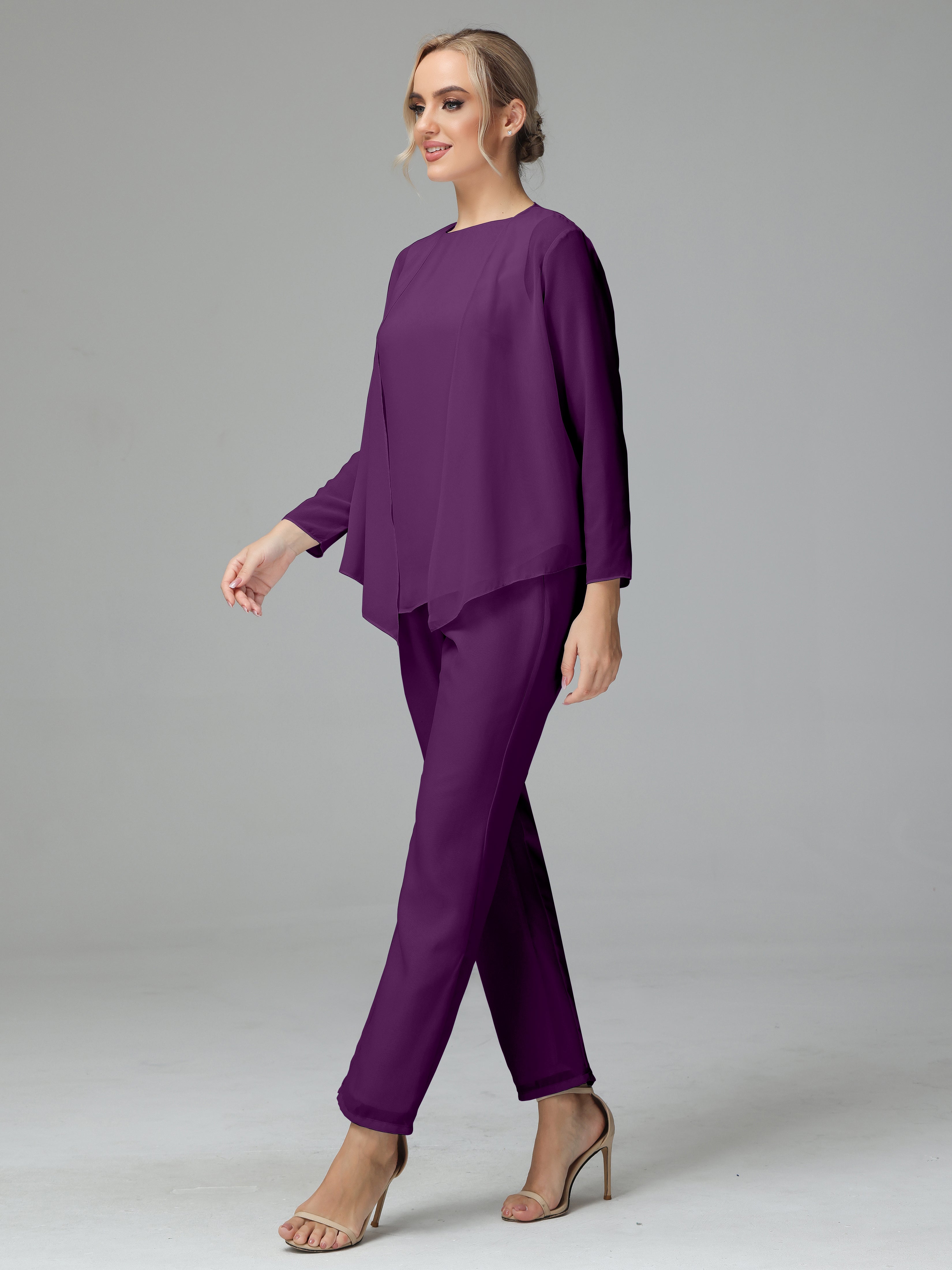 Long Sleeves 3 Pieces Chiffon Mother of Bride Dress Pant Suits