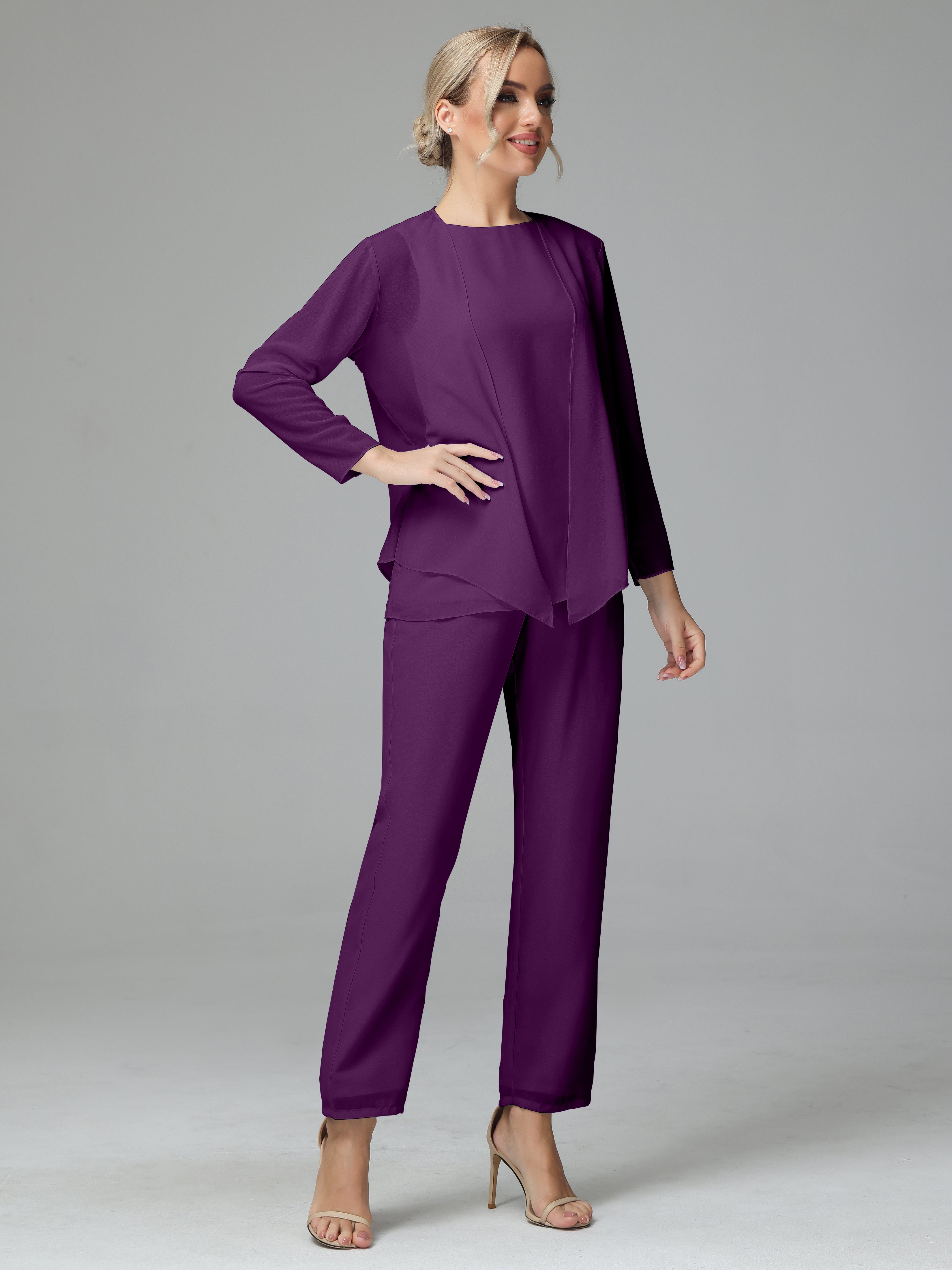 Long Sleeves 3 Pieces Chiffon Mother of Bride Dress Pant Suits
