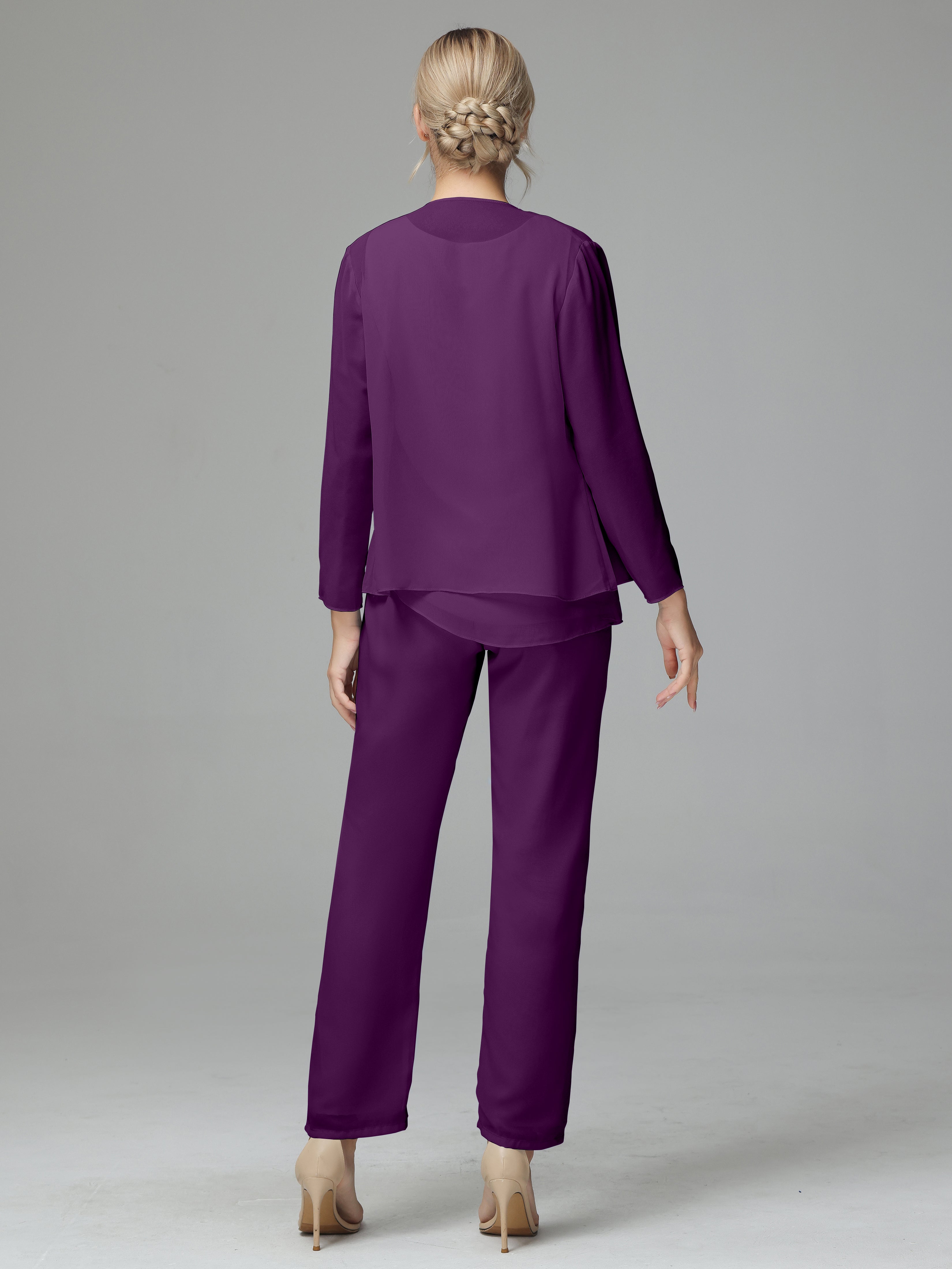 Long Sleeves 3 Pieces Chiffon Mother of Bride Dress Pant Suits