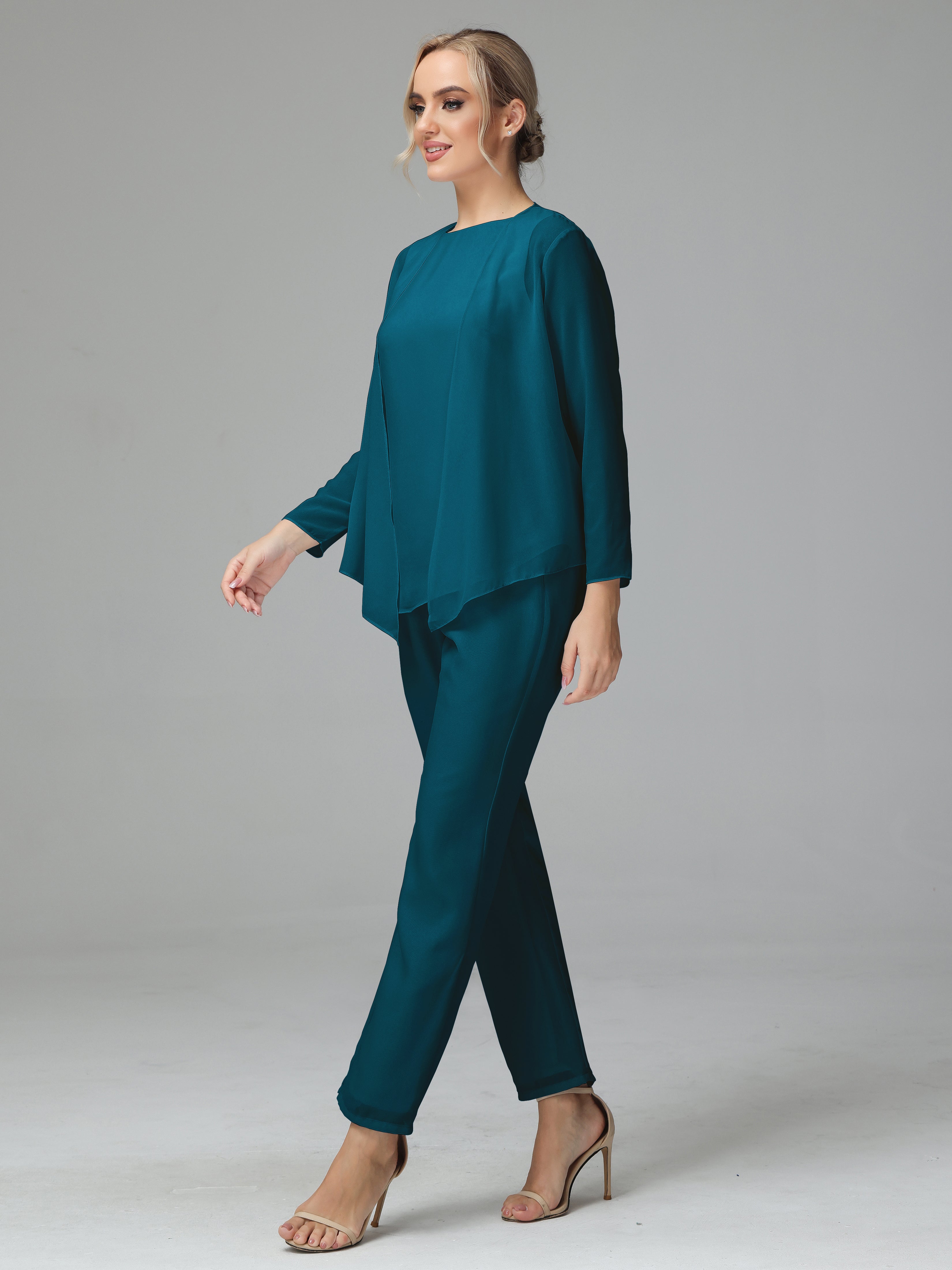 Long Sleeves 3 Pieces Chiffon Mother of Bride Dress Pant Suits