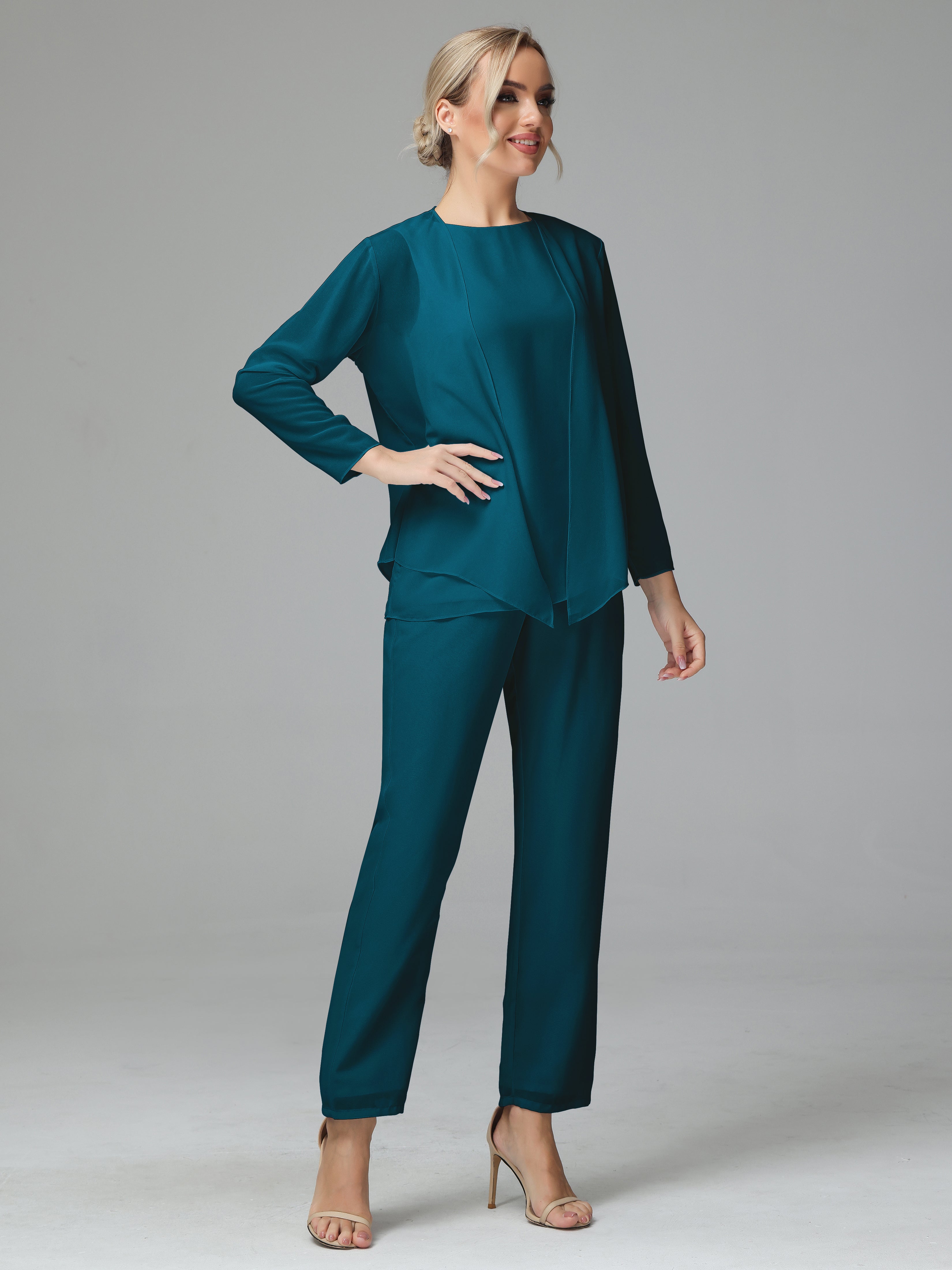 Long Sleeves 3 Pieces Chiffon Mother of Bride Dress Pant Suits
