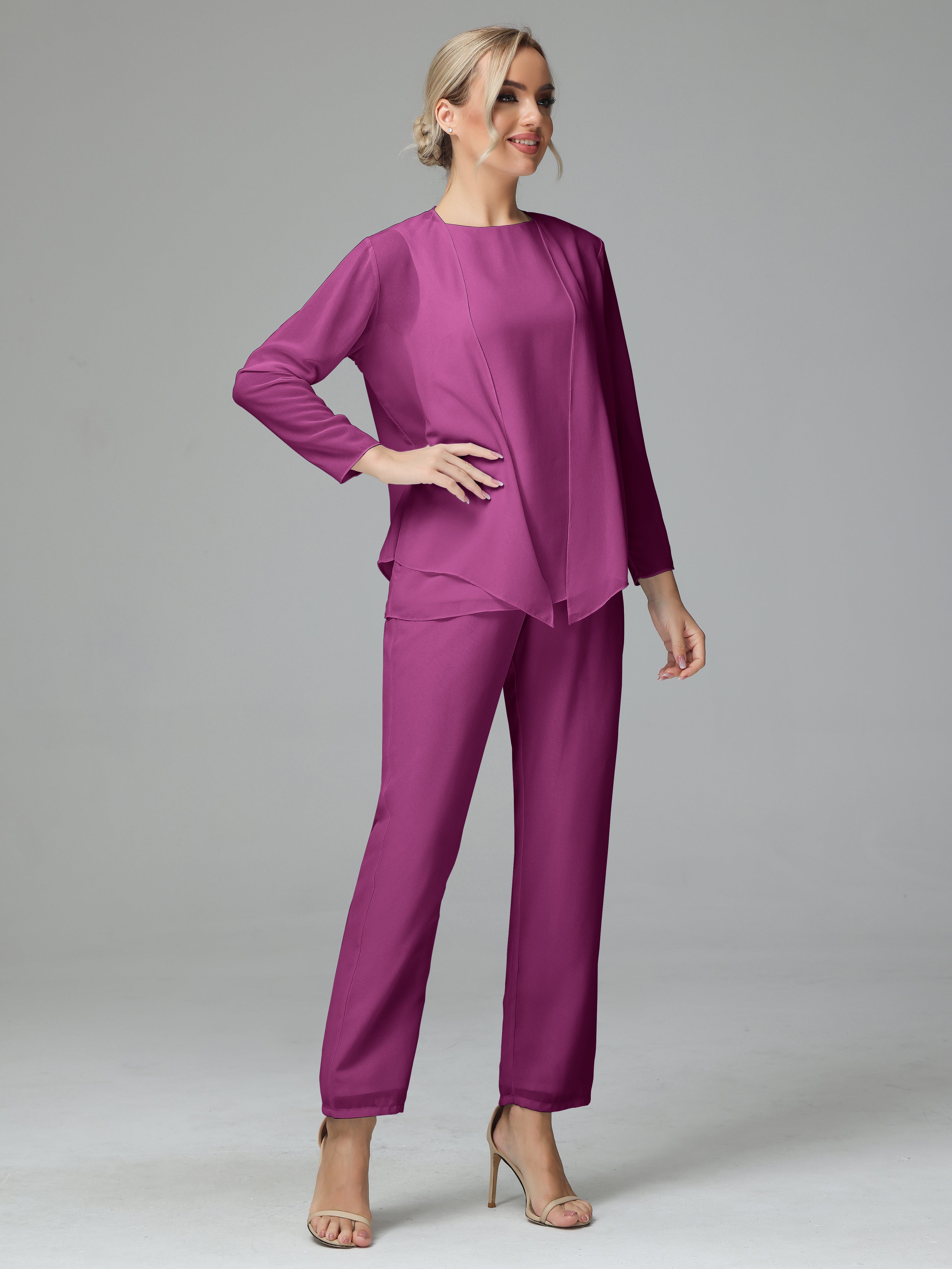 Long Sleeves 3 Pieces Chiffon Mother of Bride Dress Pant Suits