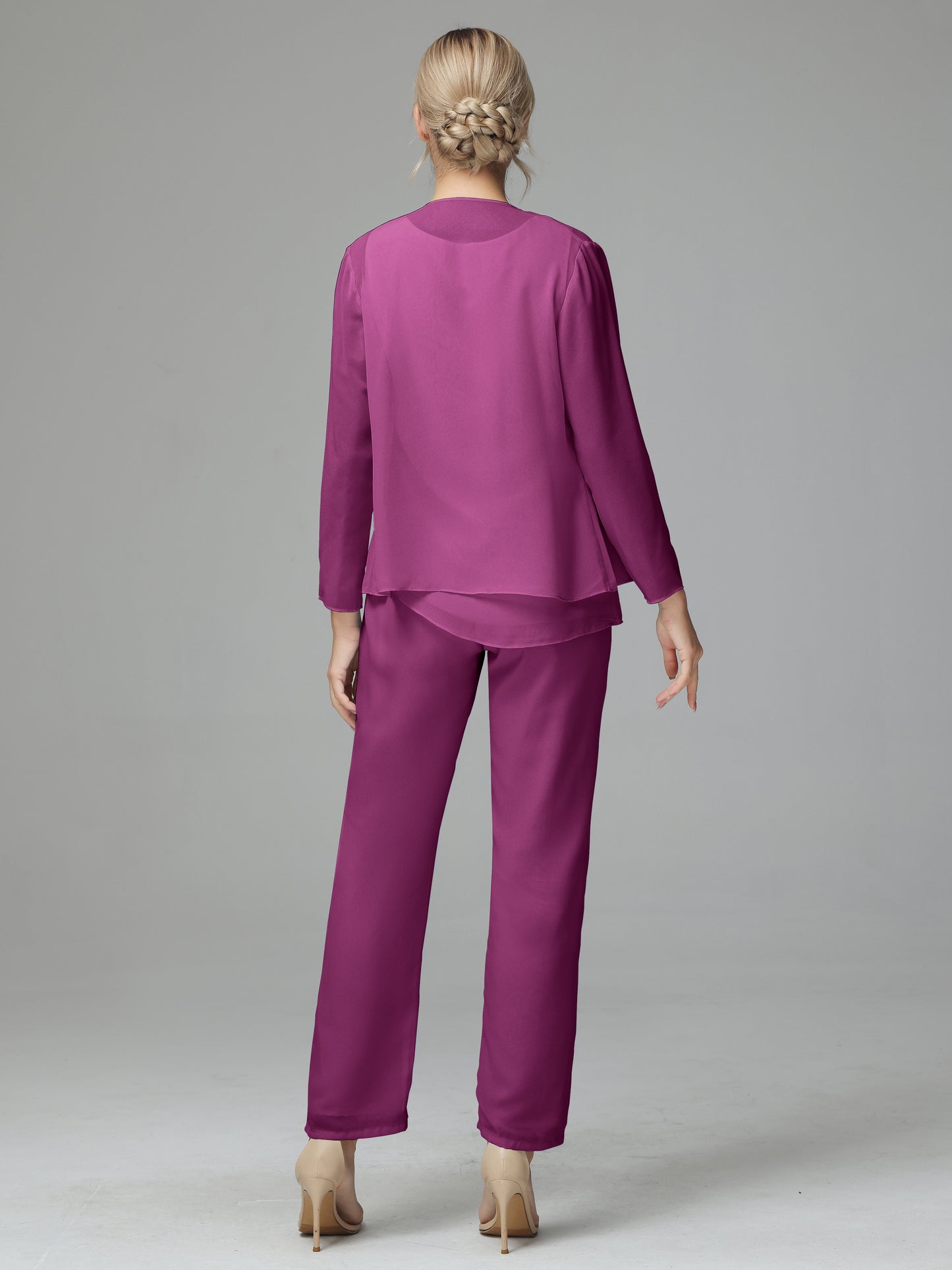 Long Sleeves 3 Pieces Chiffon Mother of Bride Dress Pant Suits