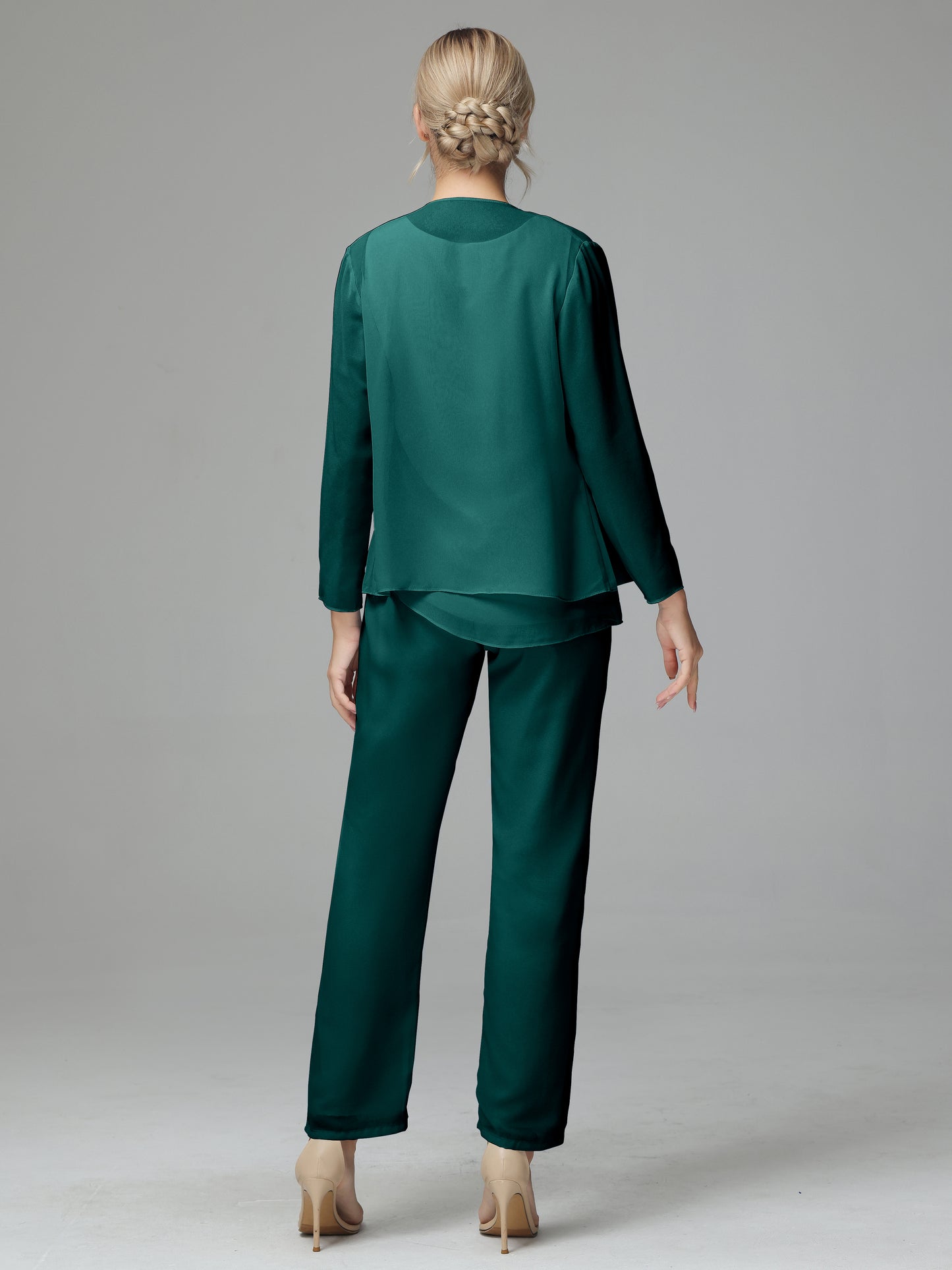 Long Sleeves 3 Pieces Chiffon Mother of Bride Dress Pant Suits