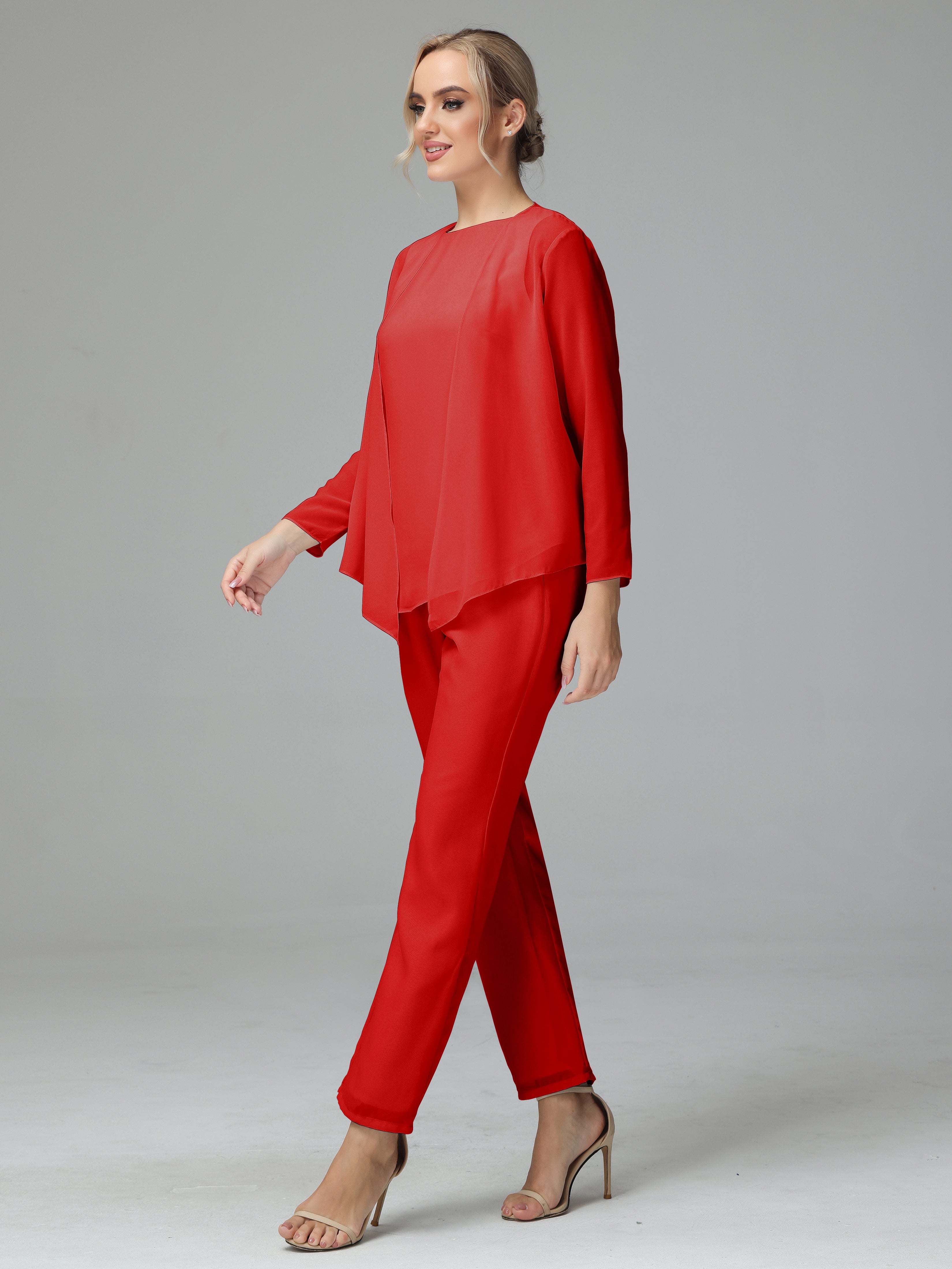 Long Sleeves 3 Pieces Chiffon Mother of Bride Dress Pant Suits