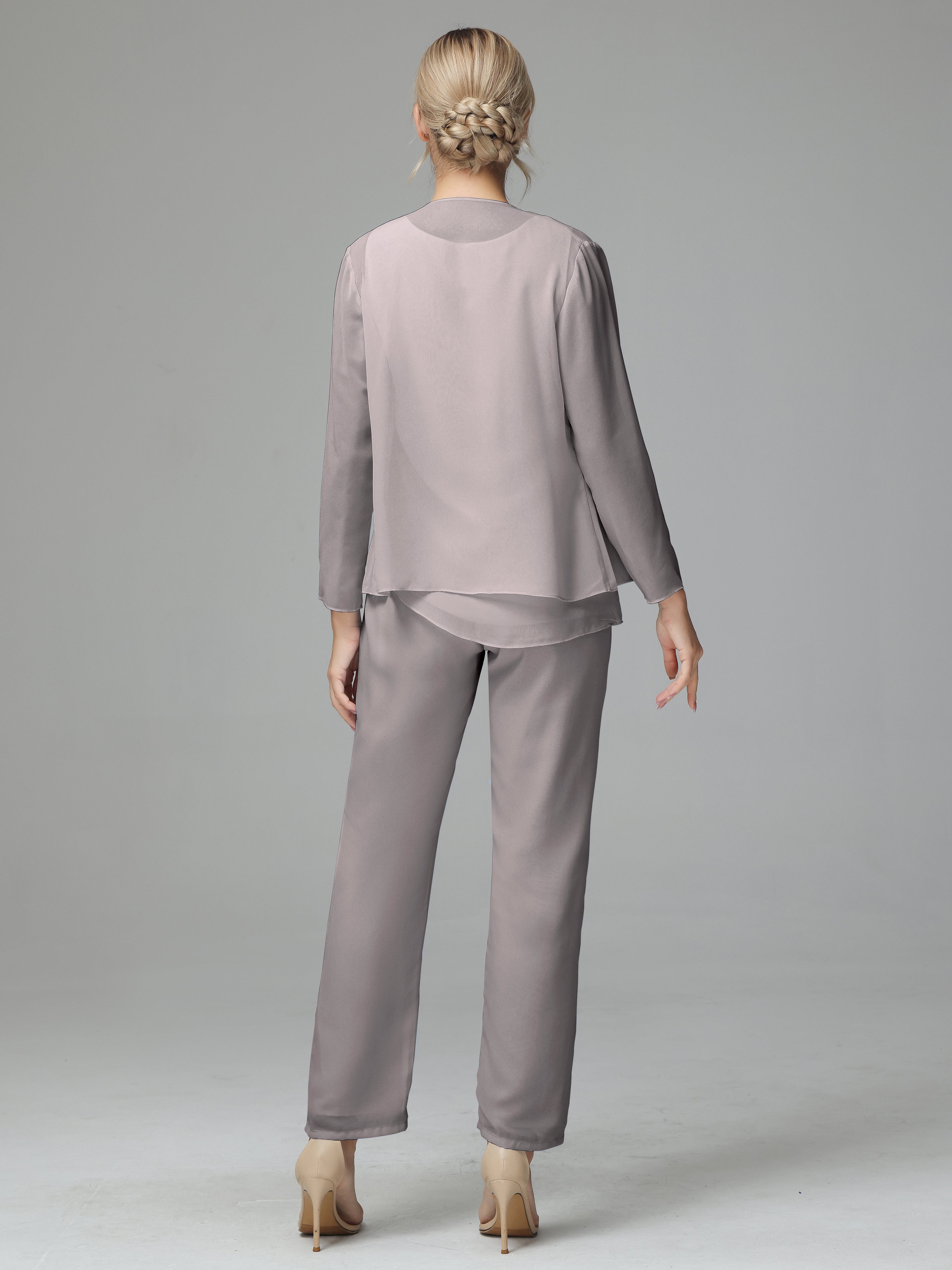 Long Sleeves 3 Pieces Chiffon Mother of Bride Dress Pant Suits