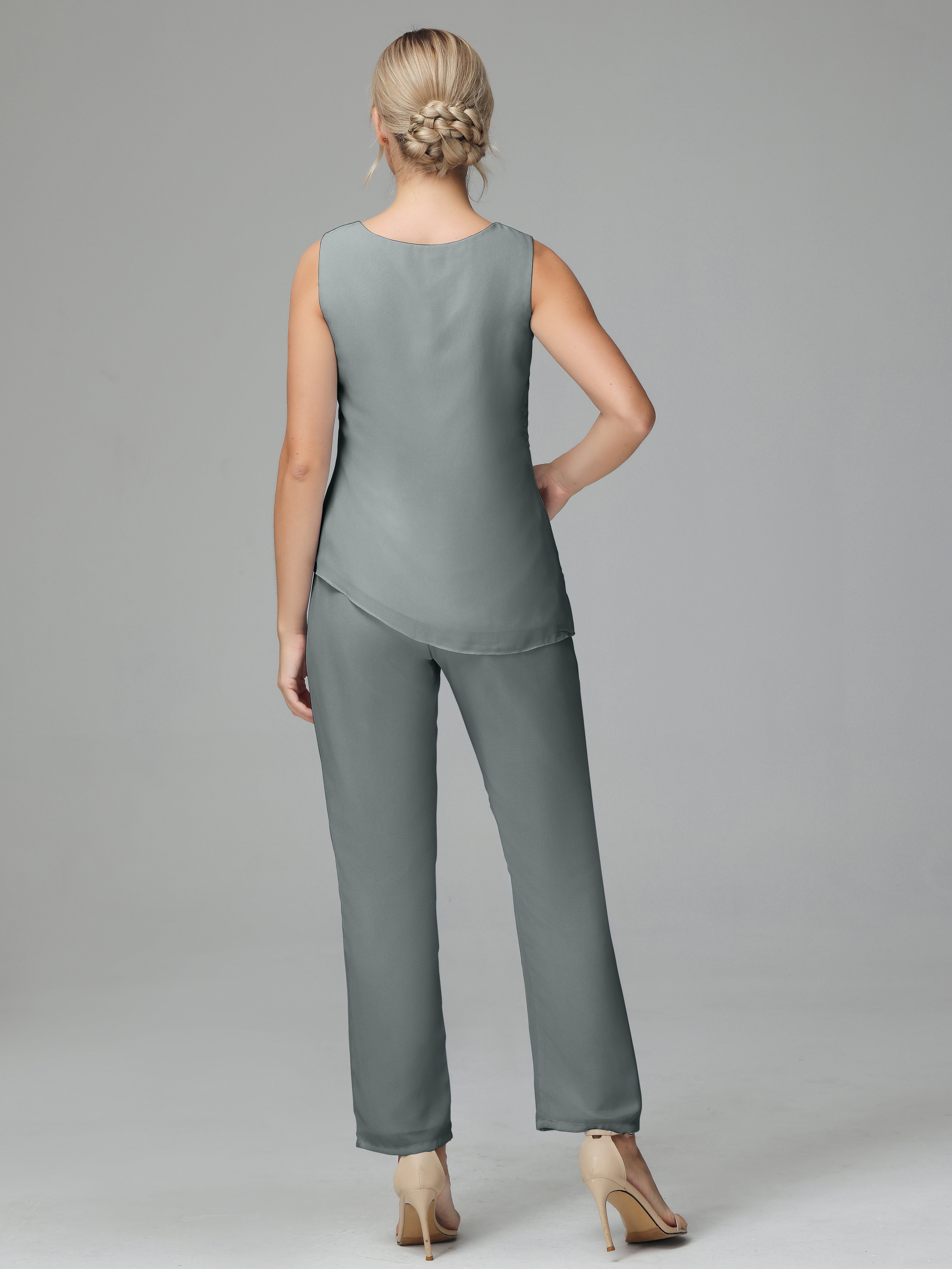 Long Sleeves 3 Pieces Chiffon Mother of Bride Dress Pant Suits