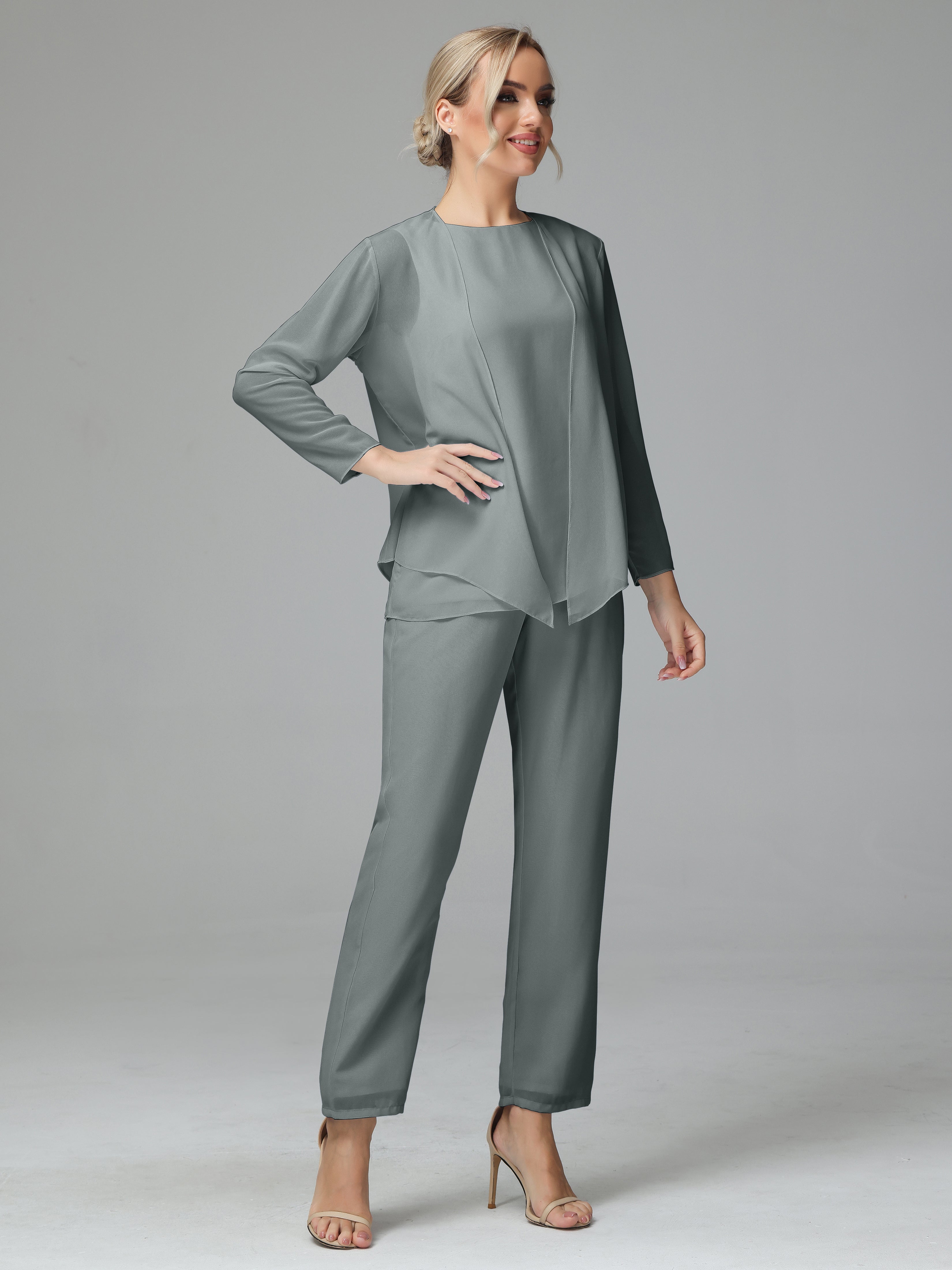 Long Sleeves 3 Pieces Chiffon Mother of Bride Dress Pant Suits
