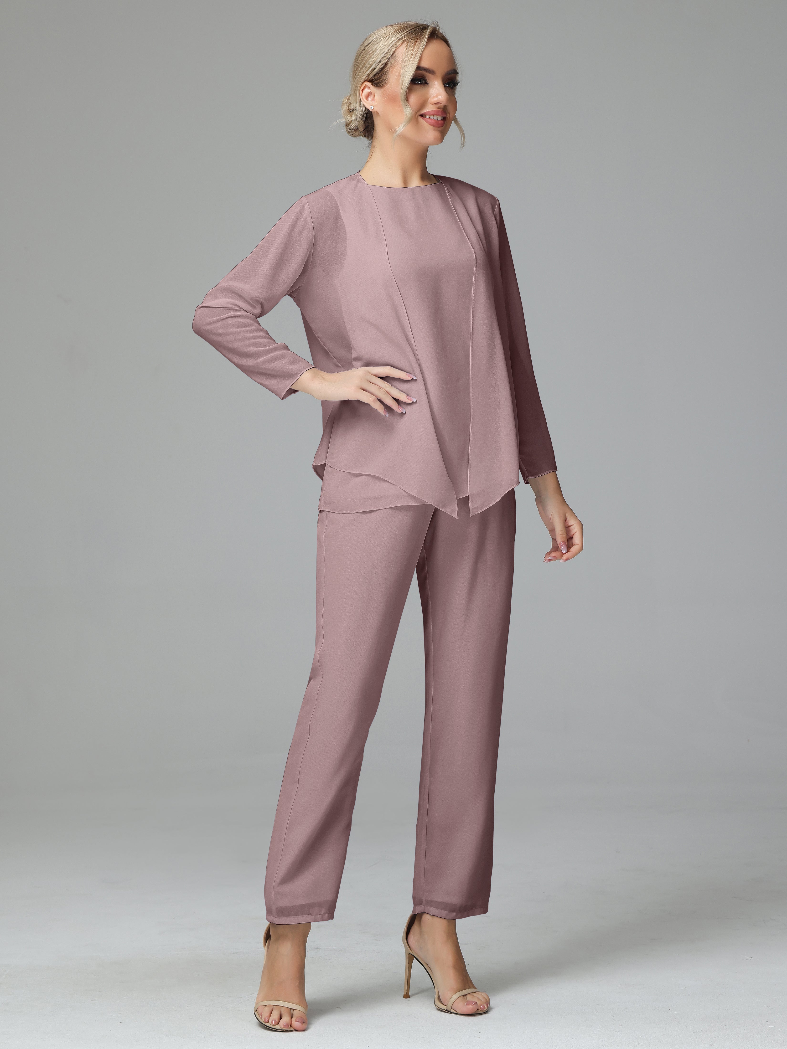 Long Sleeves 3 Pieces Chiffon Mother of Bride Dress Pant Suits