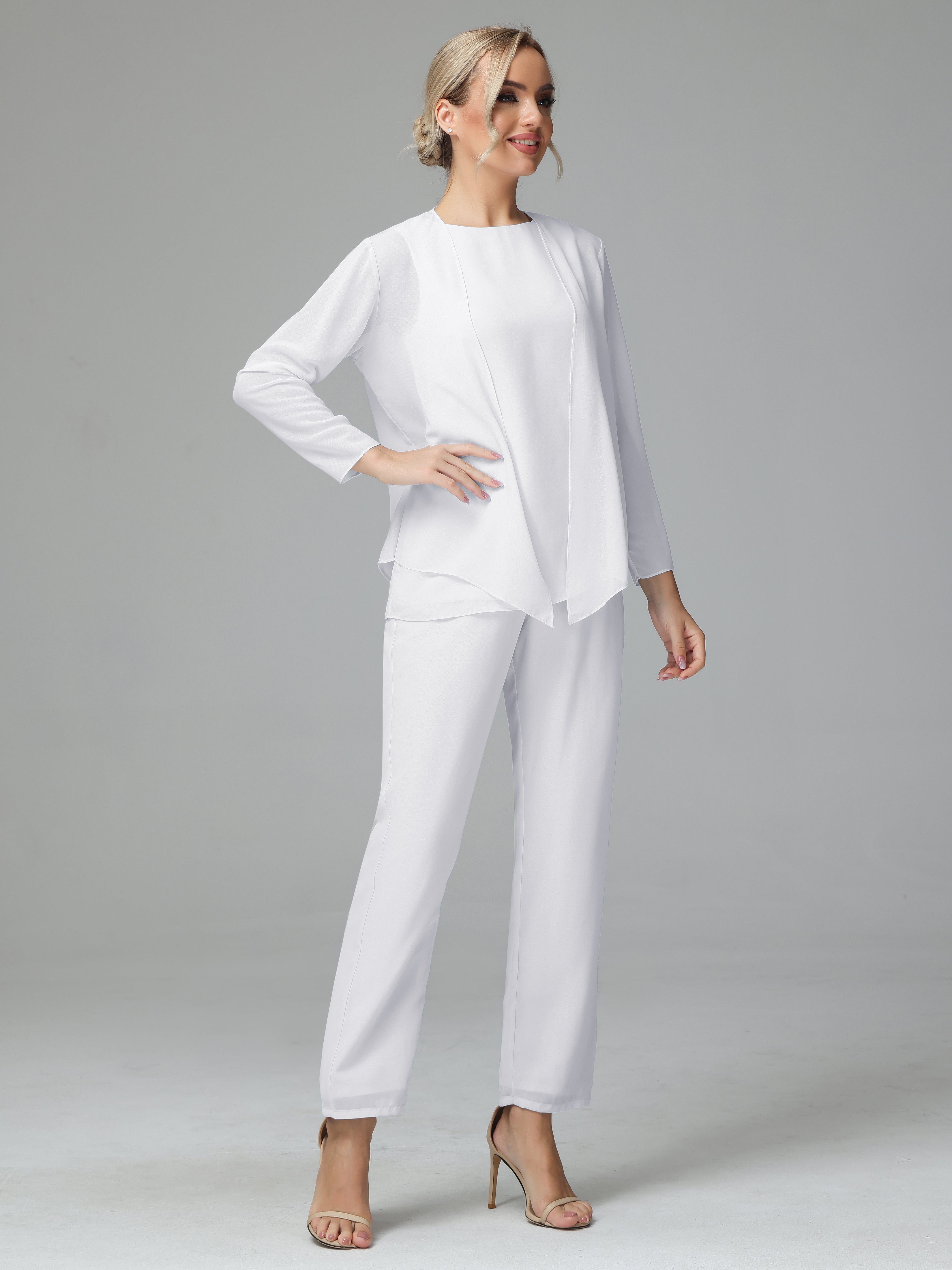 Long Sleeves 3 Pieces Chiffon Mother of Bride Dress Pant Suits