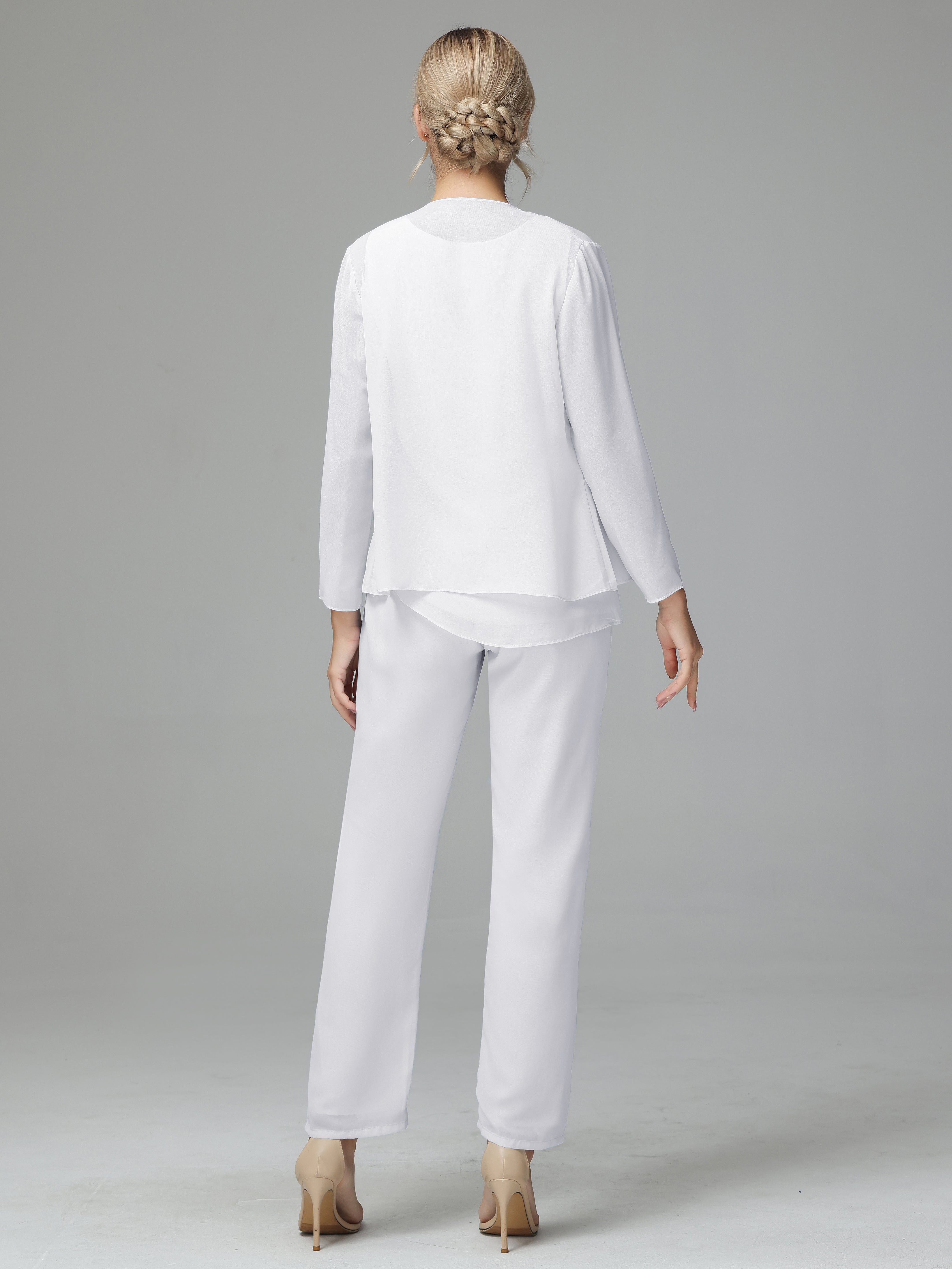 Long Sleeves 3 Pieces Chiffon Mother of Bride Dress Pant Suits