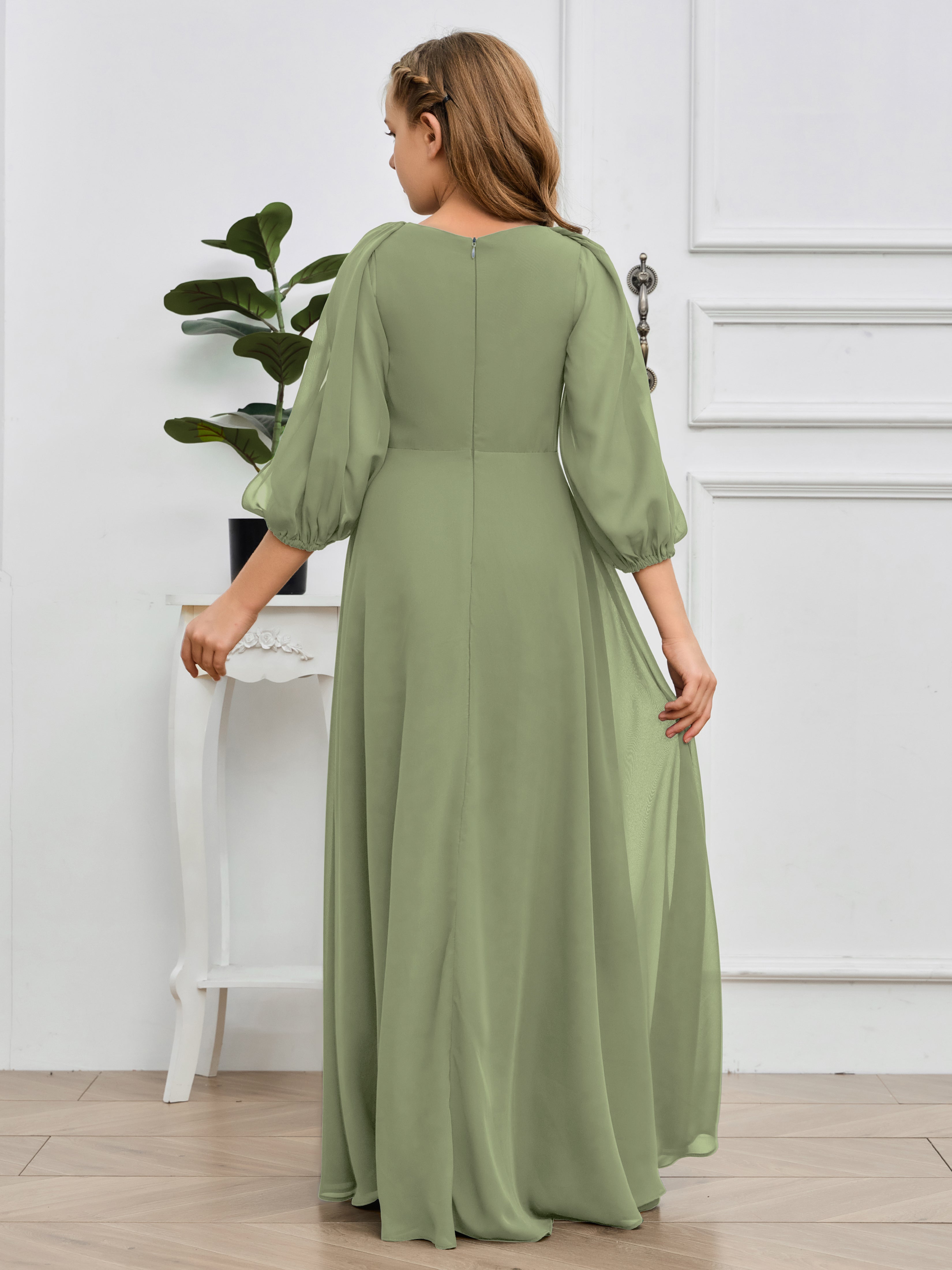 Long Sleeves V Neck Chiffon Junior Bridesmaid Dress