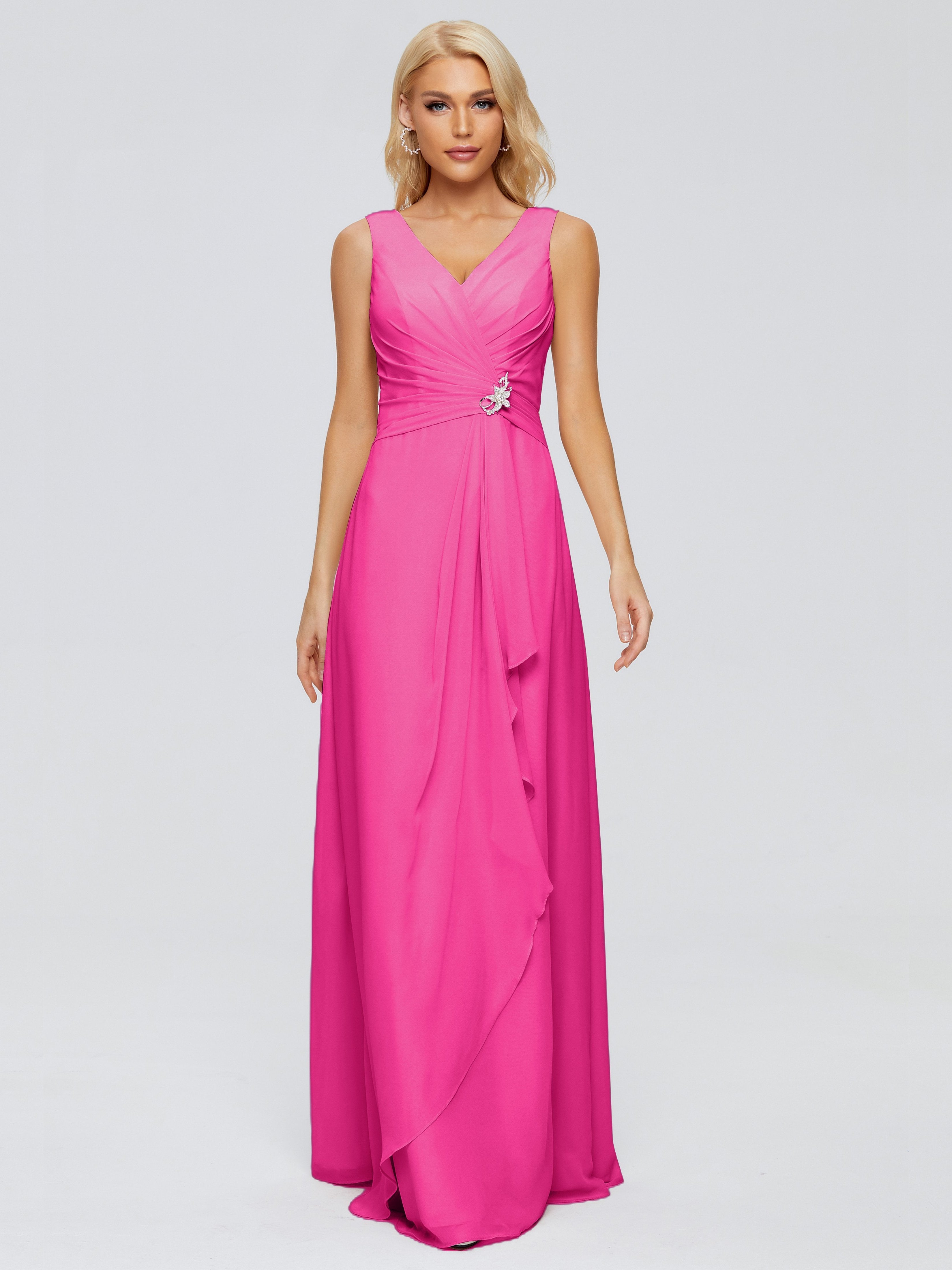 Fuchsia Bridesmaids Dresses Maria Modern Sheath V Neck Chiffon Bridesm