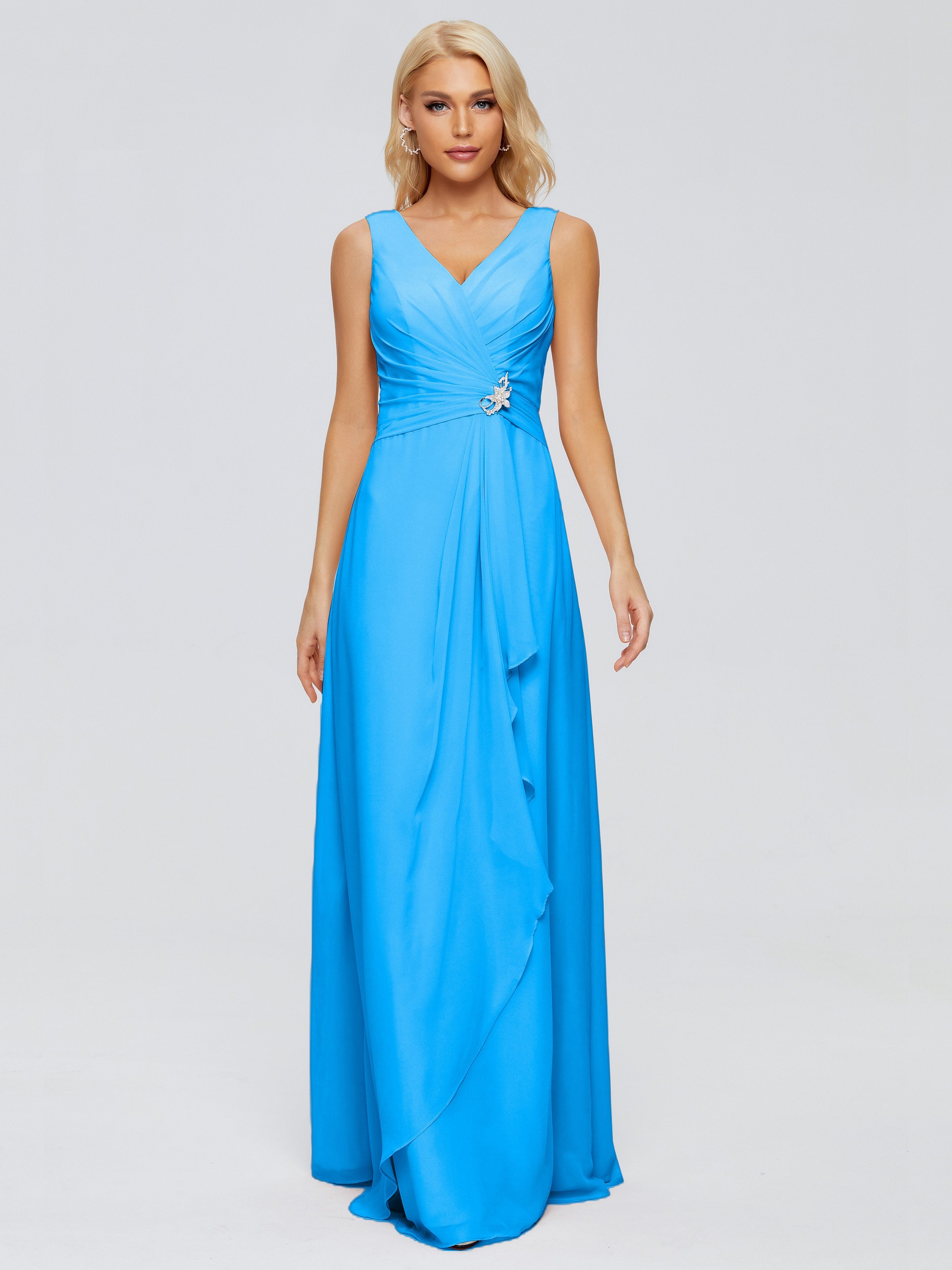Ocean Blue Bridesmaid Dress Maria Modern Sheath V Neck Chiffon Bridesm