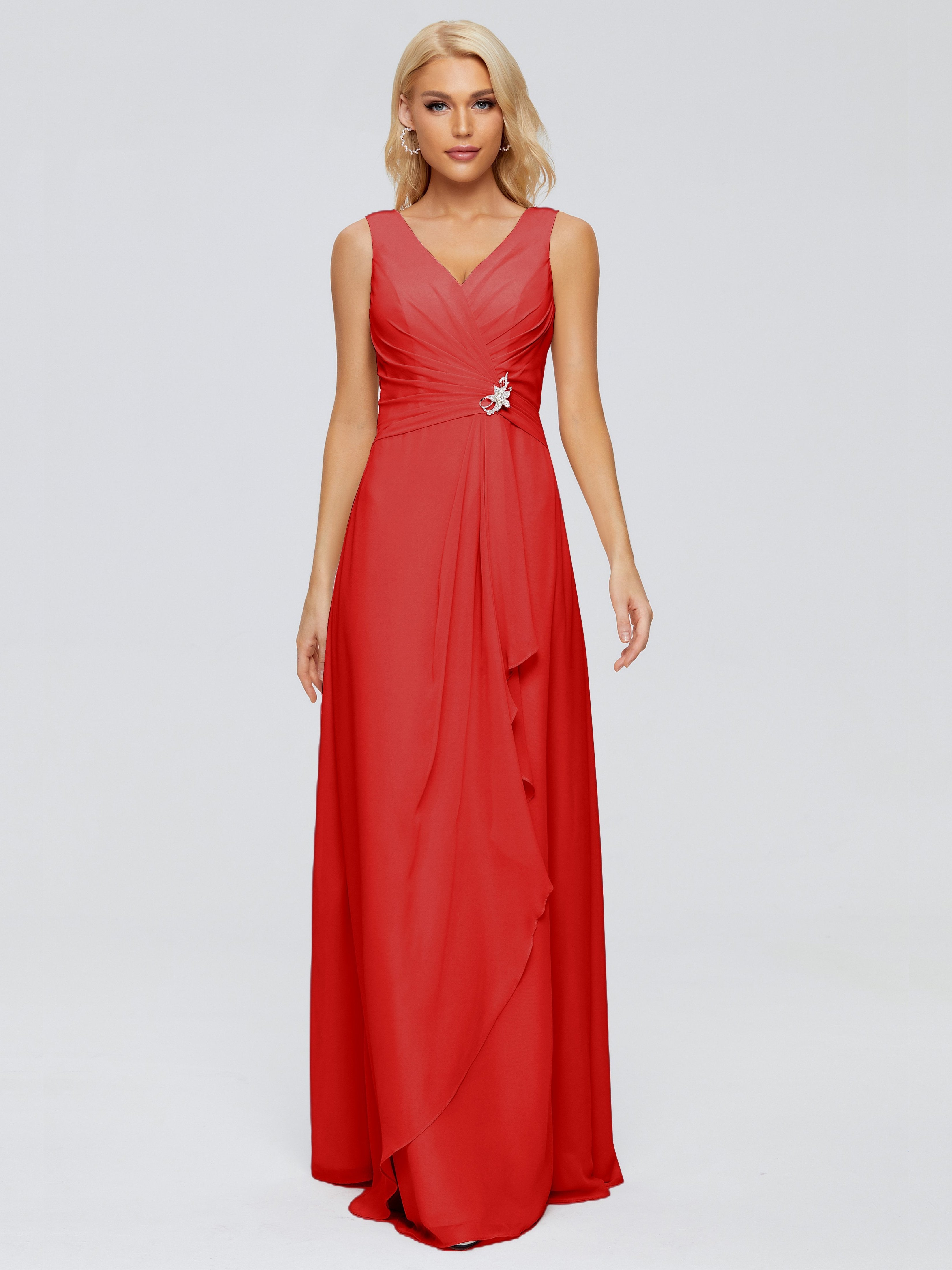 Red Bridesmaid Dress Maria Modern Sheath V Neck Chiffon Bridesmaid Dre