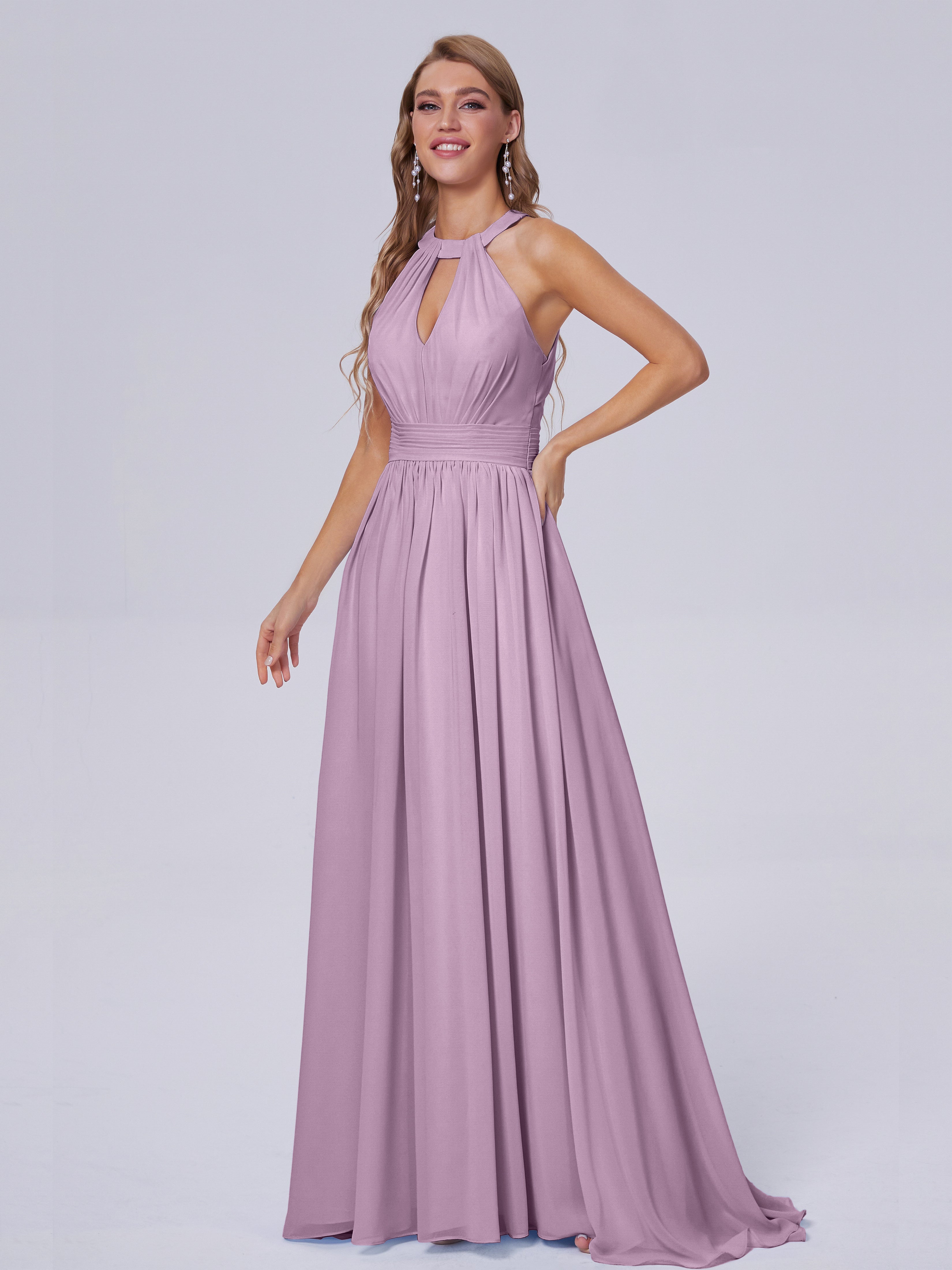 Wisteria Coloured Bridesmaid Dresses Nicole Sweep Train Chiffon Brides
