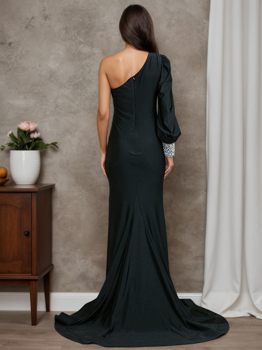 Cicinia Black Prom Dresses Stretch One Shoulder Long Sleeve Sheath Long Evening Gown