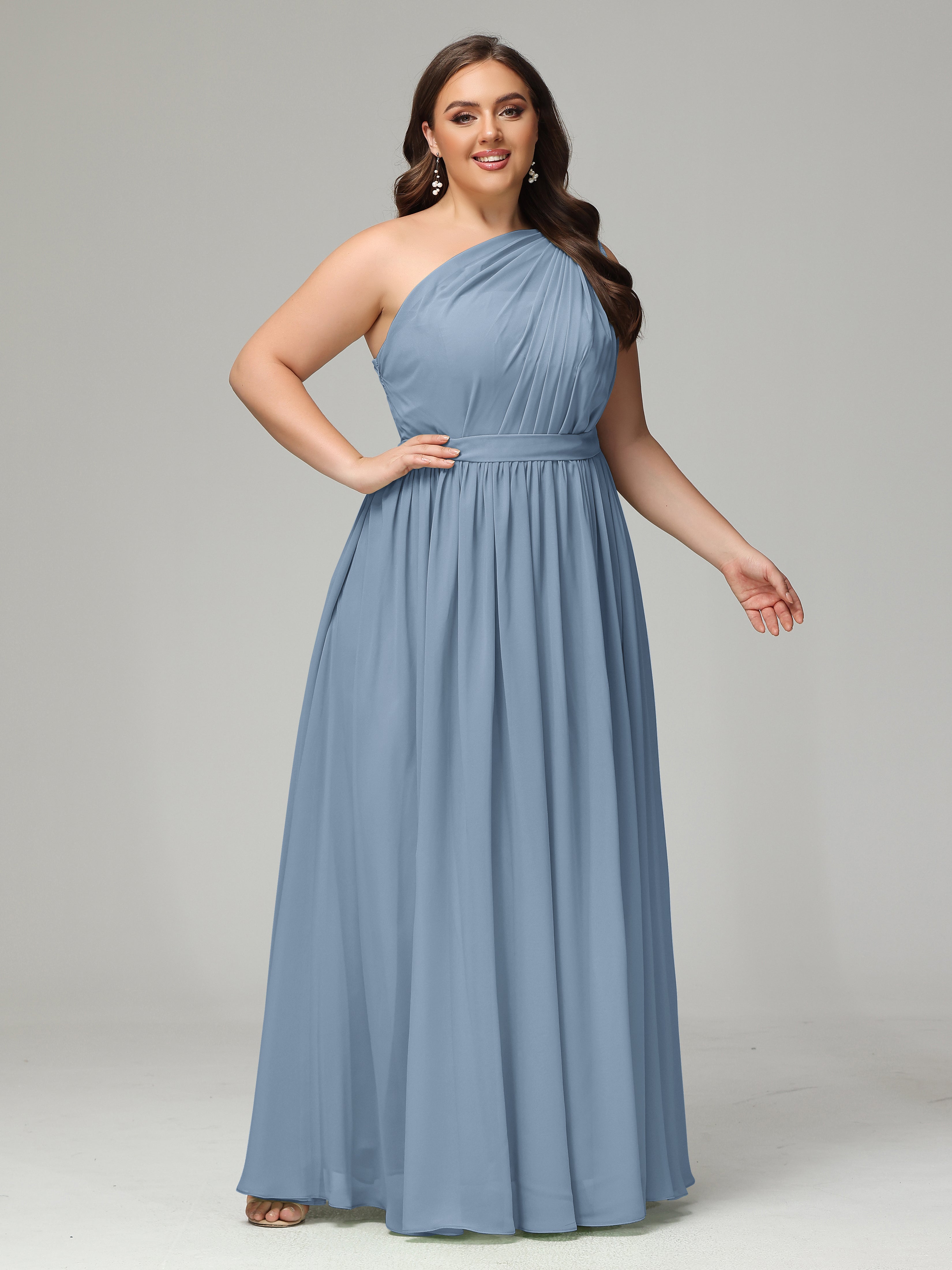 Slate Blue Bridesmaid Dresses Uk One Shoulder Sash Chiffon Plus Size B