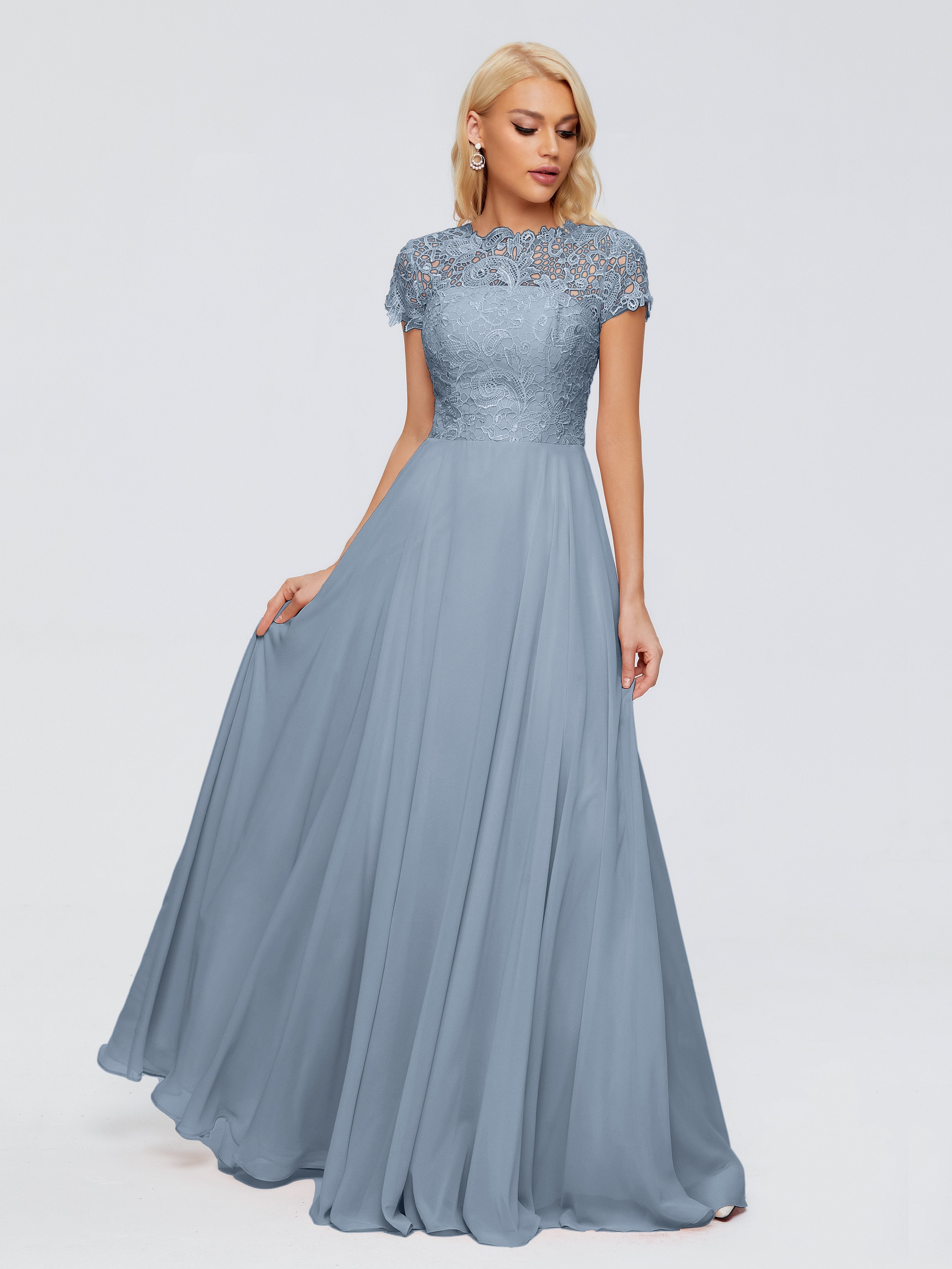 Dusty Blue Bridesmaid Rose Charming Scoop Chiffon Bridesmaid Dresses