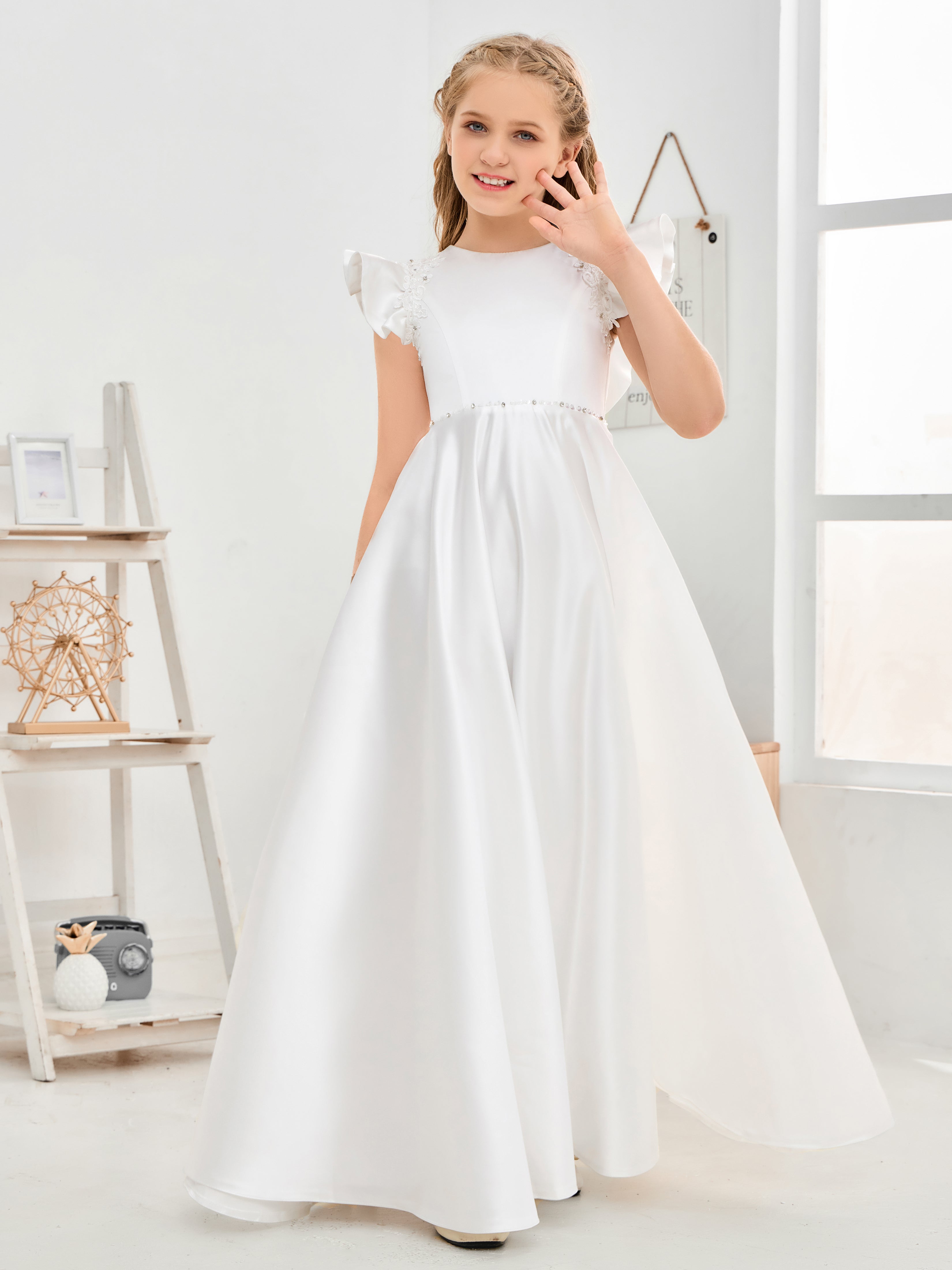 Ruffle Sleeves Yarn Back Satin Tulle Long Flower Girl Dresses