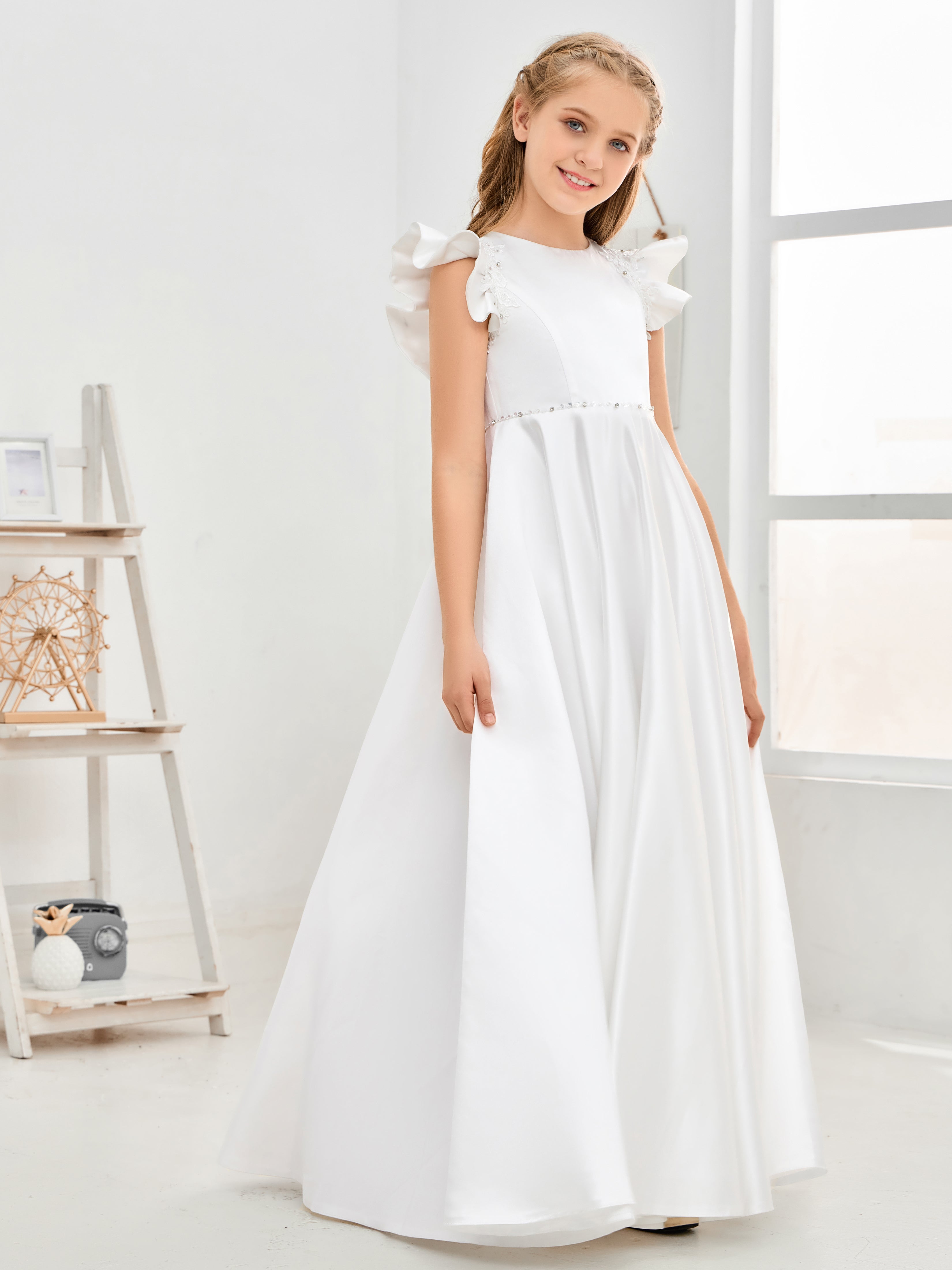 Ruffle Sleeves Yarn Back Satin Tulle Long Flower Girl Dresses