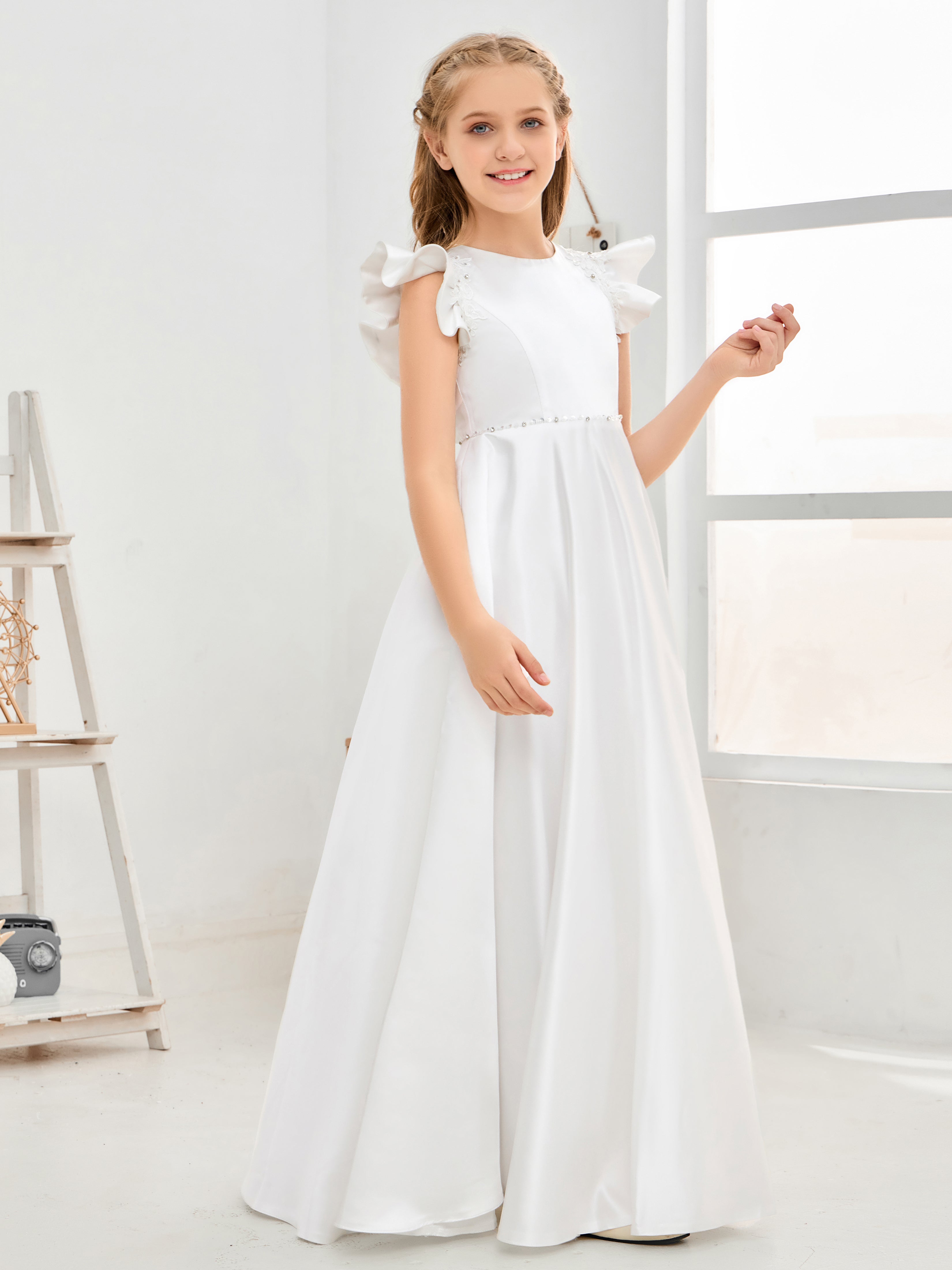 Ruffle Sleeves Yarn Back Satin Tulle Long Flower Girl Dresses